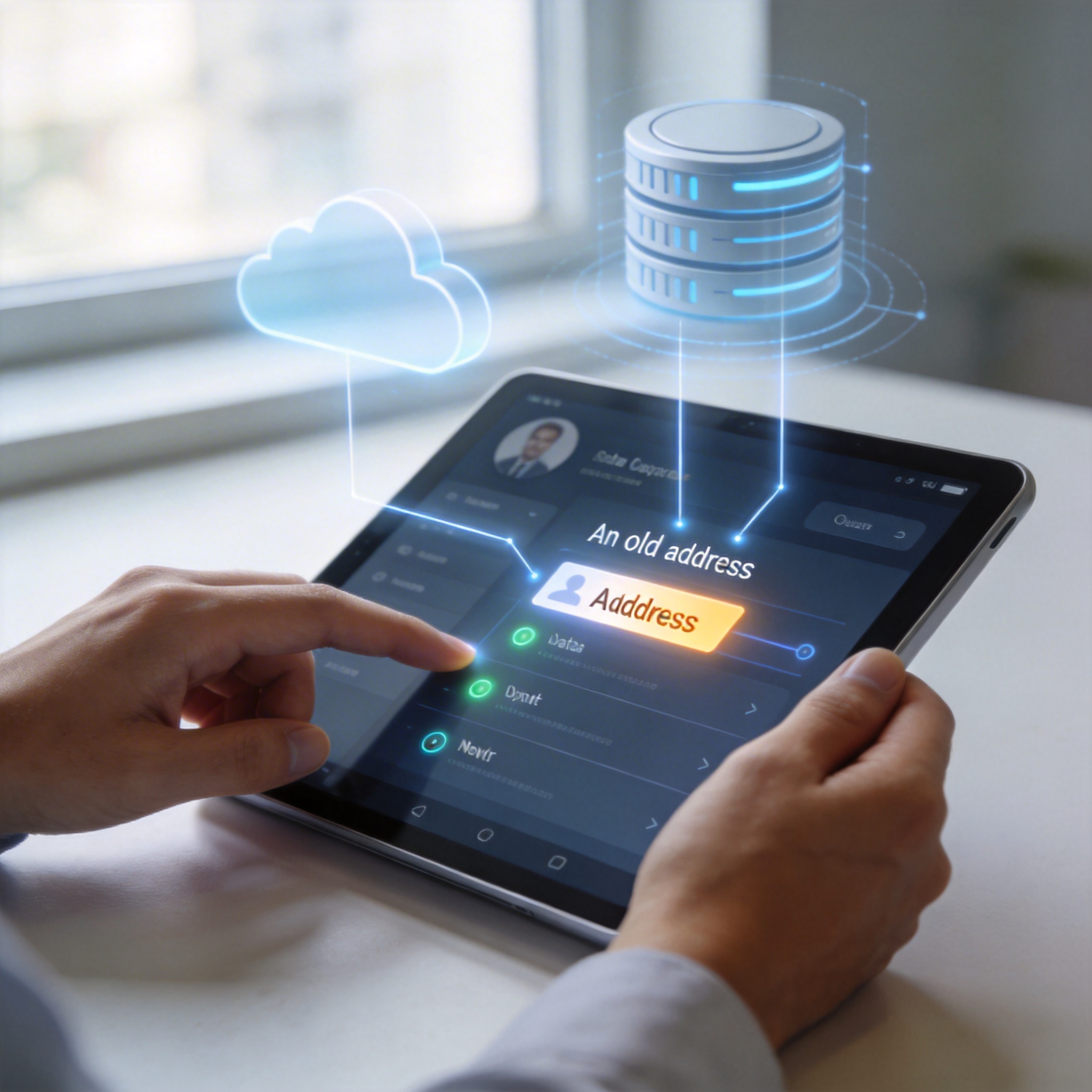 AI system on a tablet actively updating a user's address in a profile, symbolizing dynamic memory management.