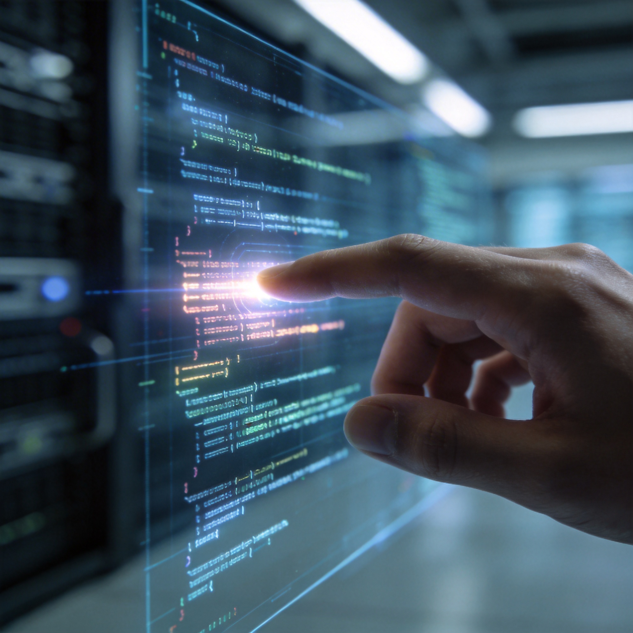 Hand interacting with holographic code interface, symbolizing advanced AI code generation.