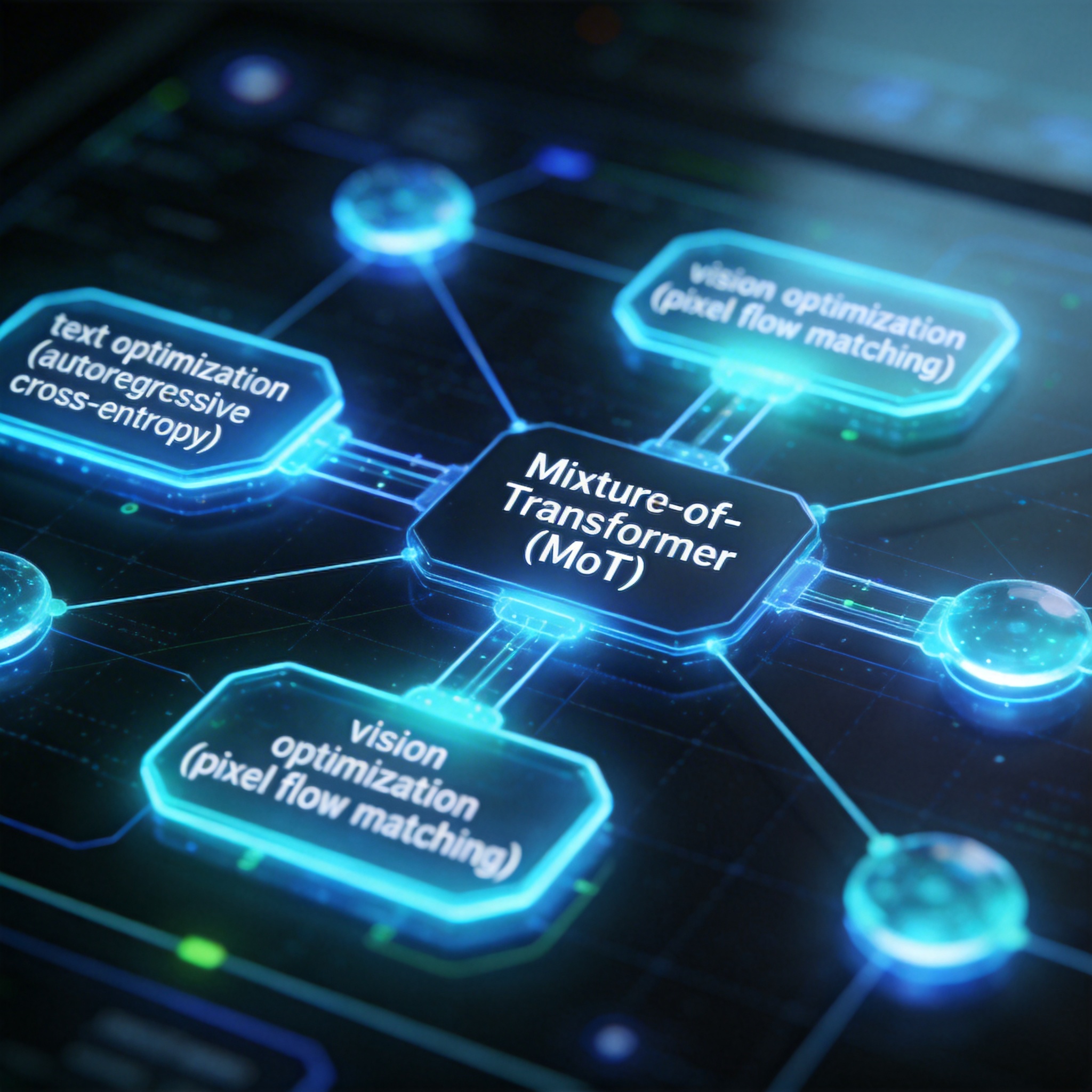 Digital interface showing a Mixture-of-Transformer (MoT) architecture with text and vision optimization flows.