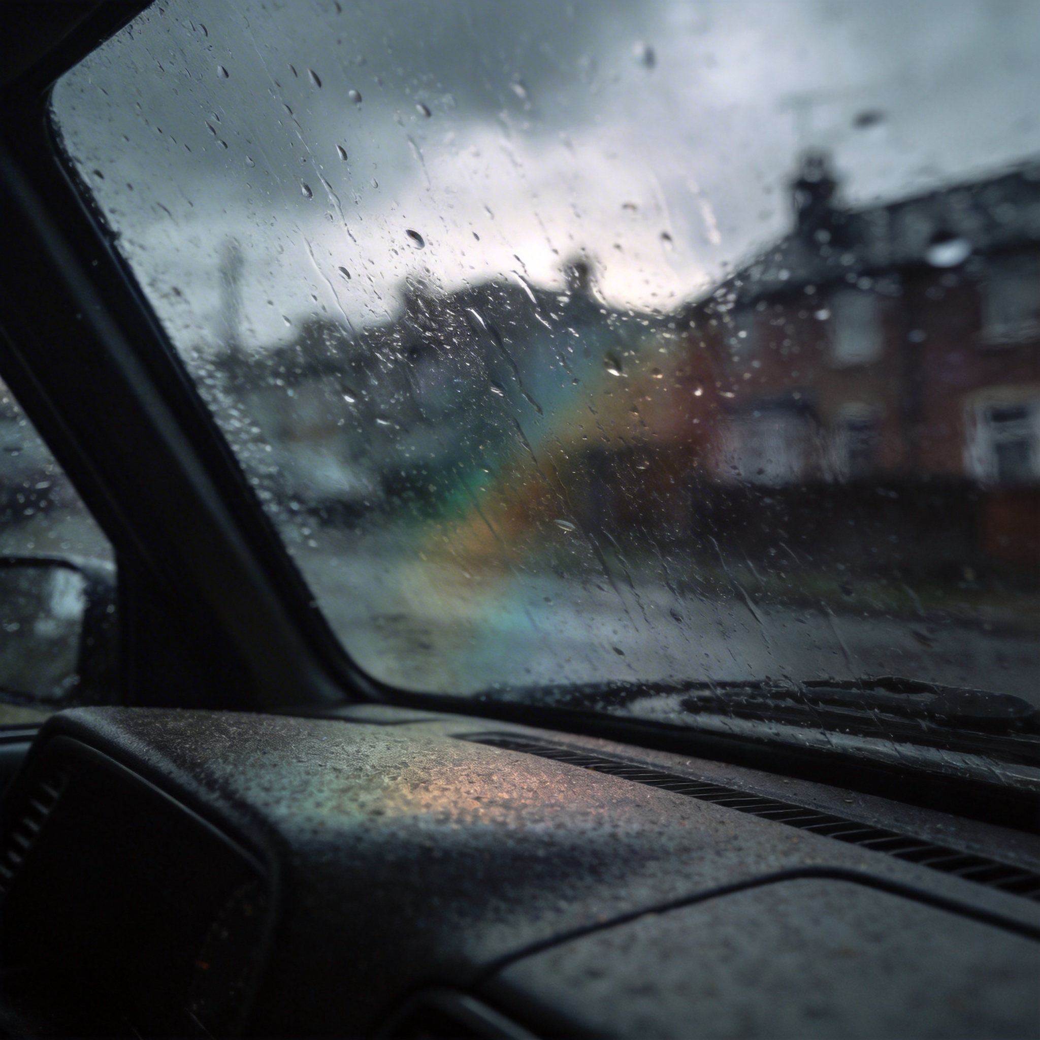 Rain-streaked car windshield with a gloomy, low-saturation urban landscape outside.