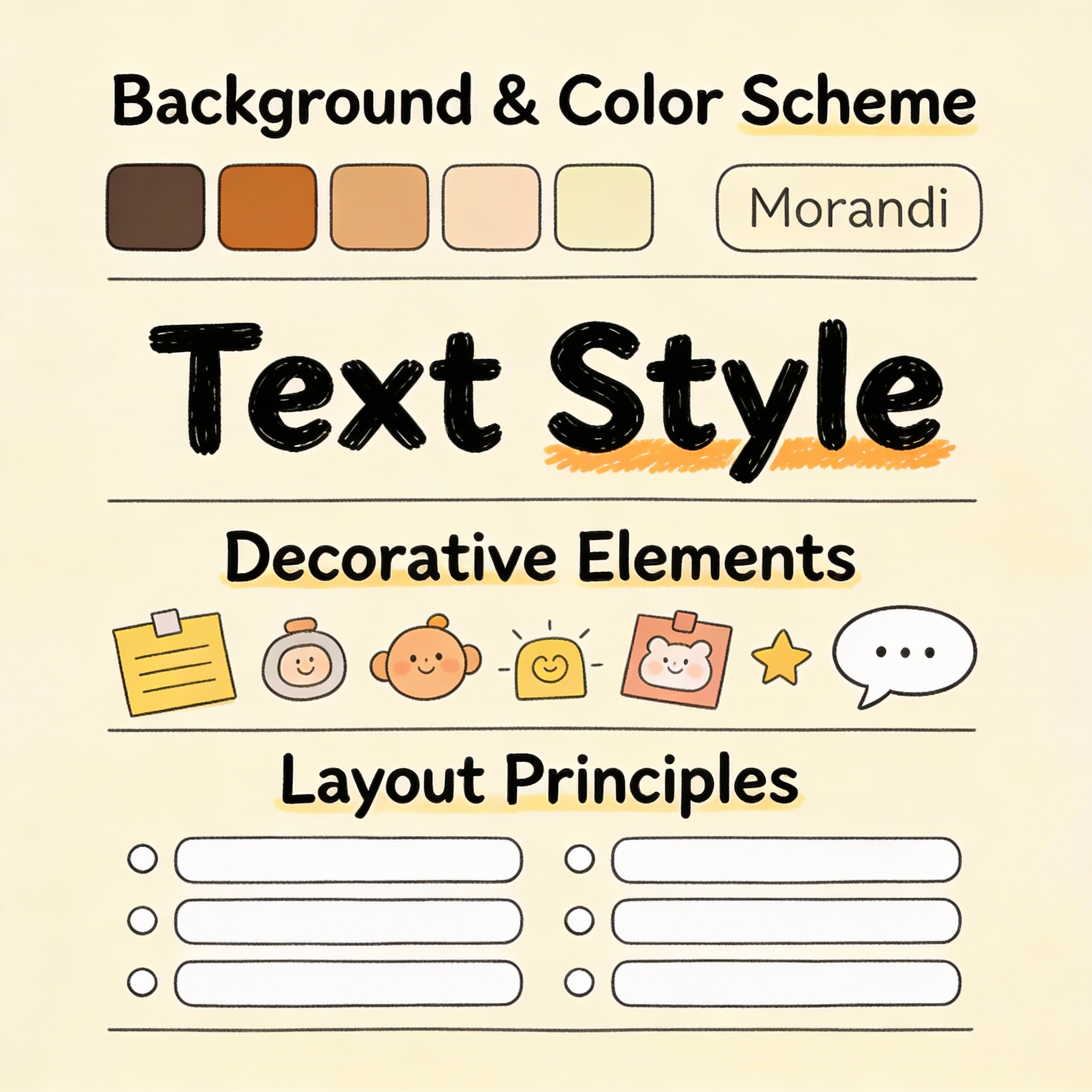 Infographic detailing visual style guidelines: color, text, decorations, and layout.