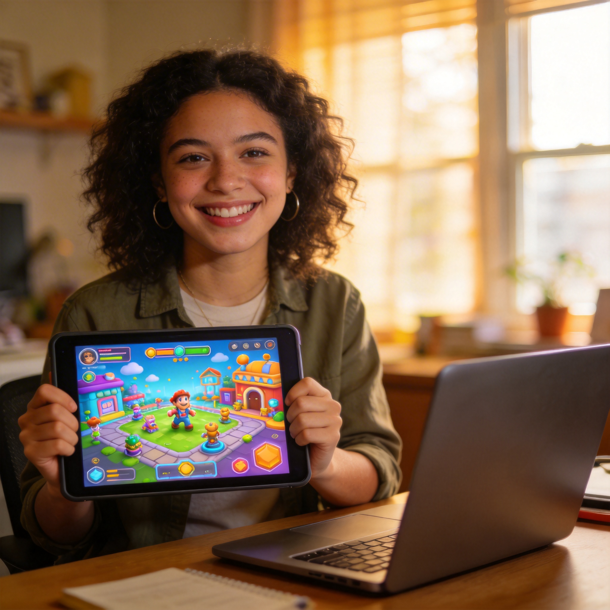 相互接続されたアイコンを持つ包括的なゲーム開発ツールチェーンの抽象的なデジタル表現