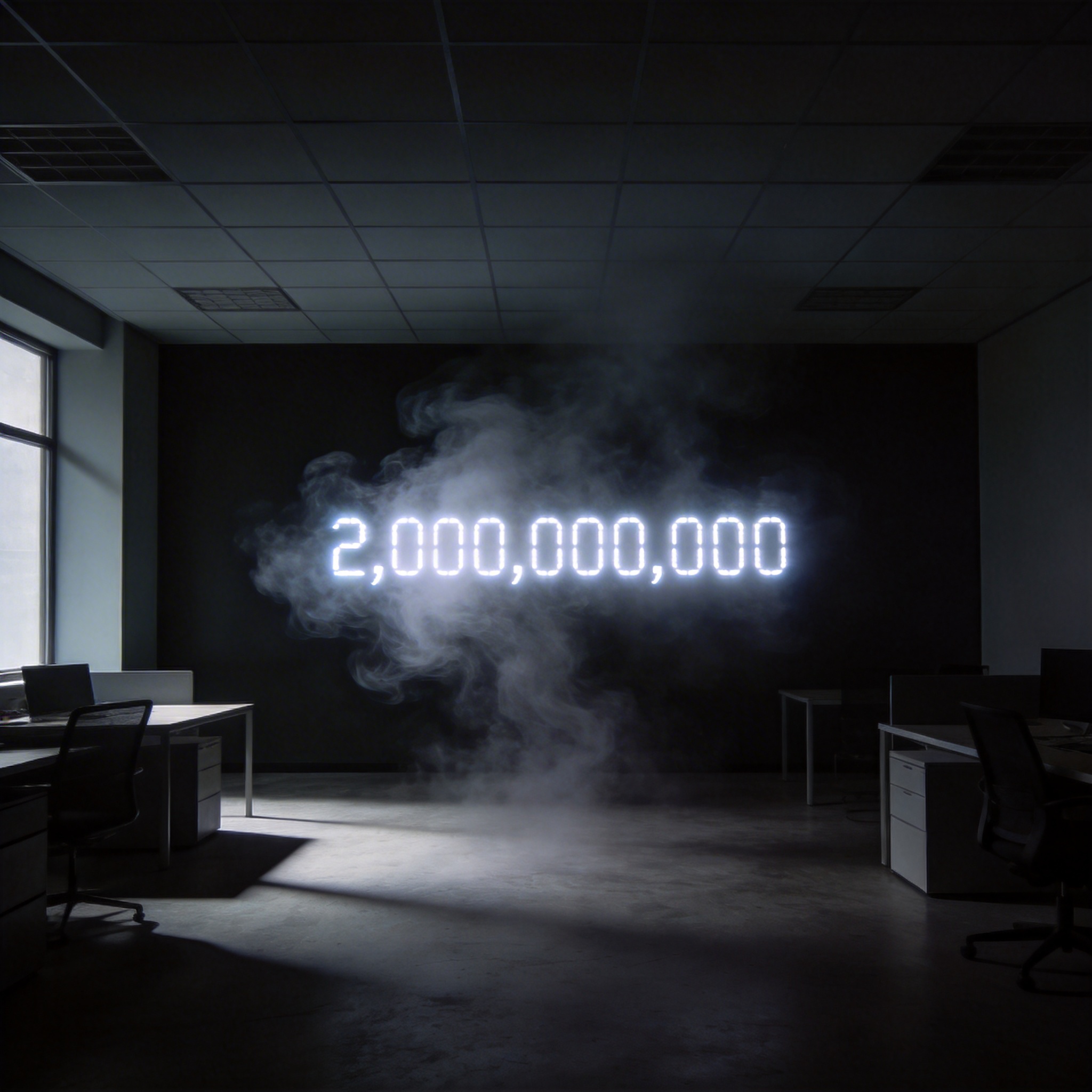 Glowing digital number '2,000,000,000' partially obscured by anxious fog, symbolizing internal anxiety despite revenue growth.
