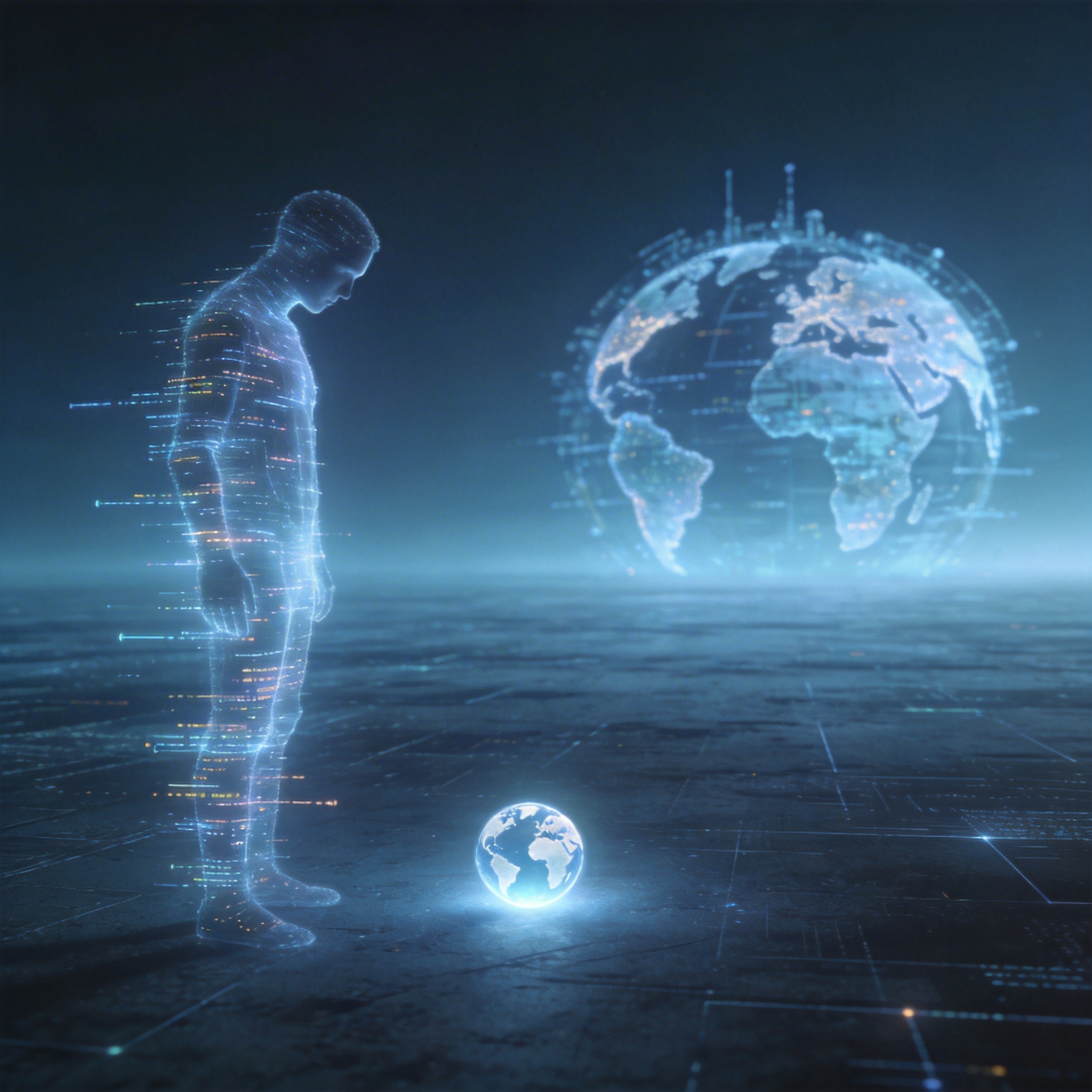 Translucent human figure made of data streams focusing on a small orb, symbolizing 'first-world problems' amidst global challenges.