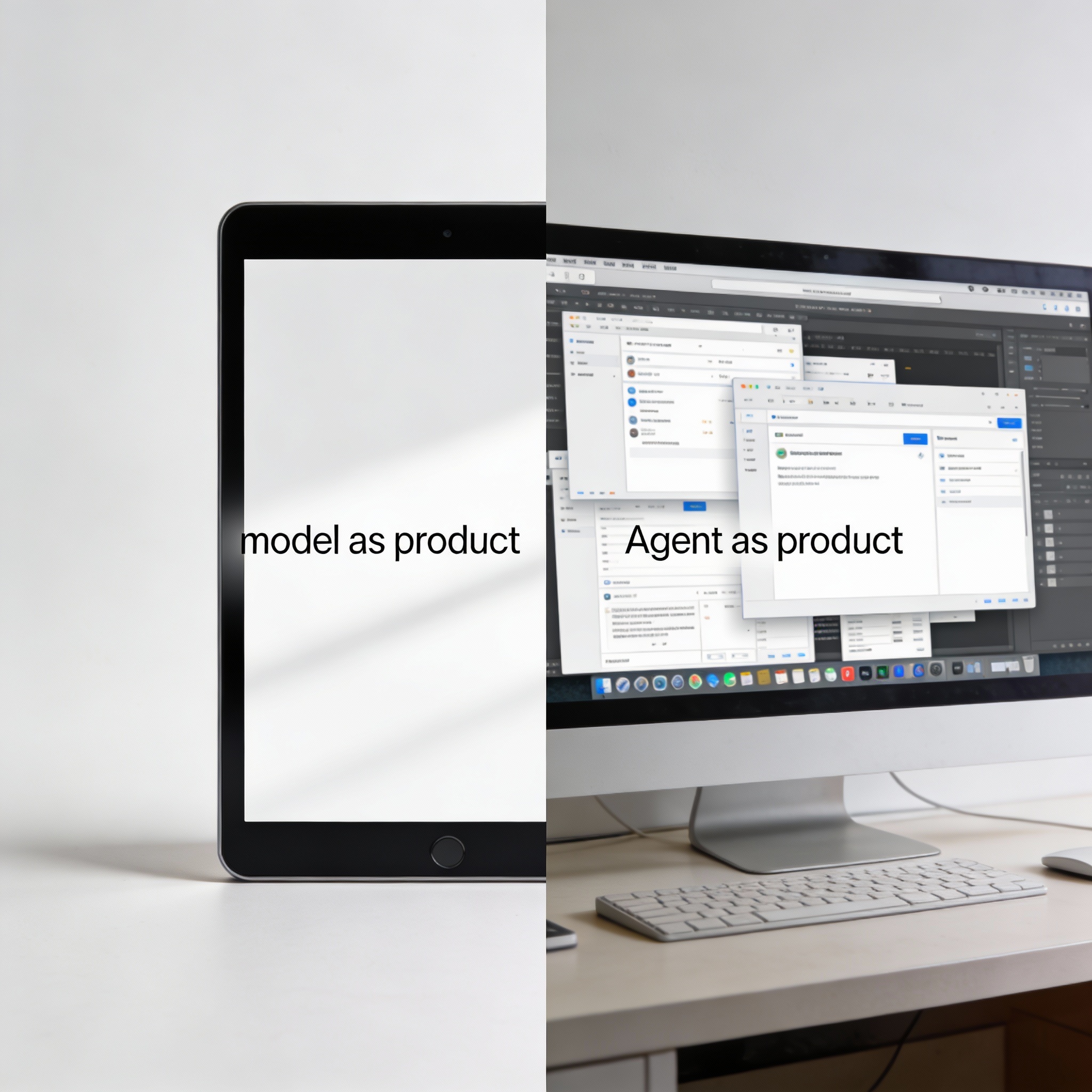 Comparison of a stable 'model as product' interface on a tablet and a complex 'Agent as product' interface on a desktop.