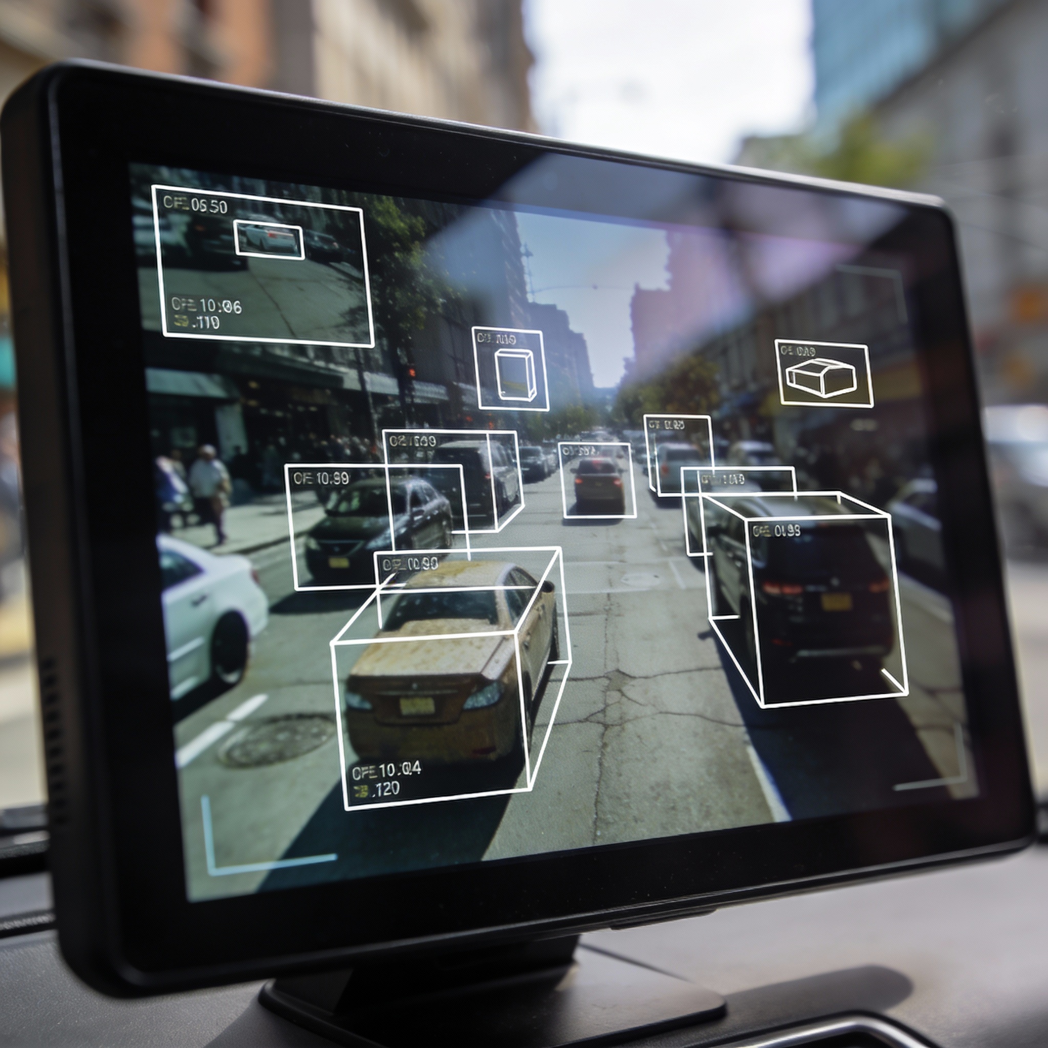 A digital screen displaying a complex multi-object detection scenario with precise bounding boxes.