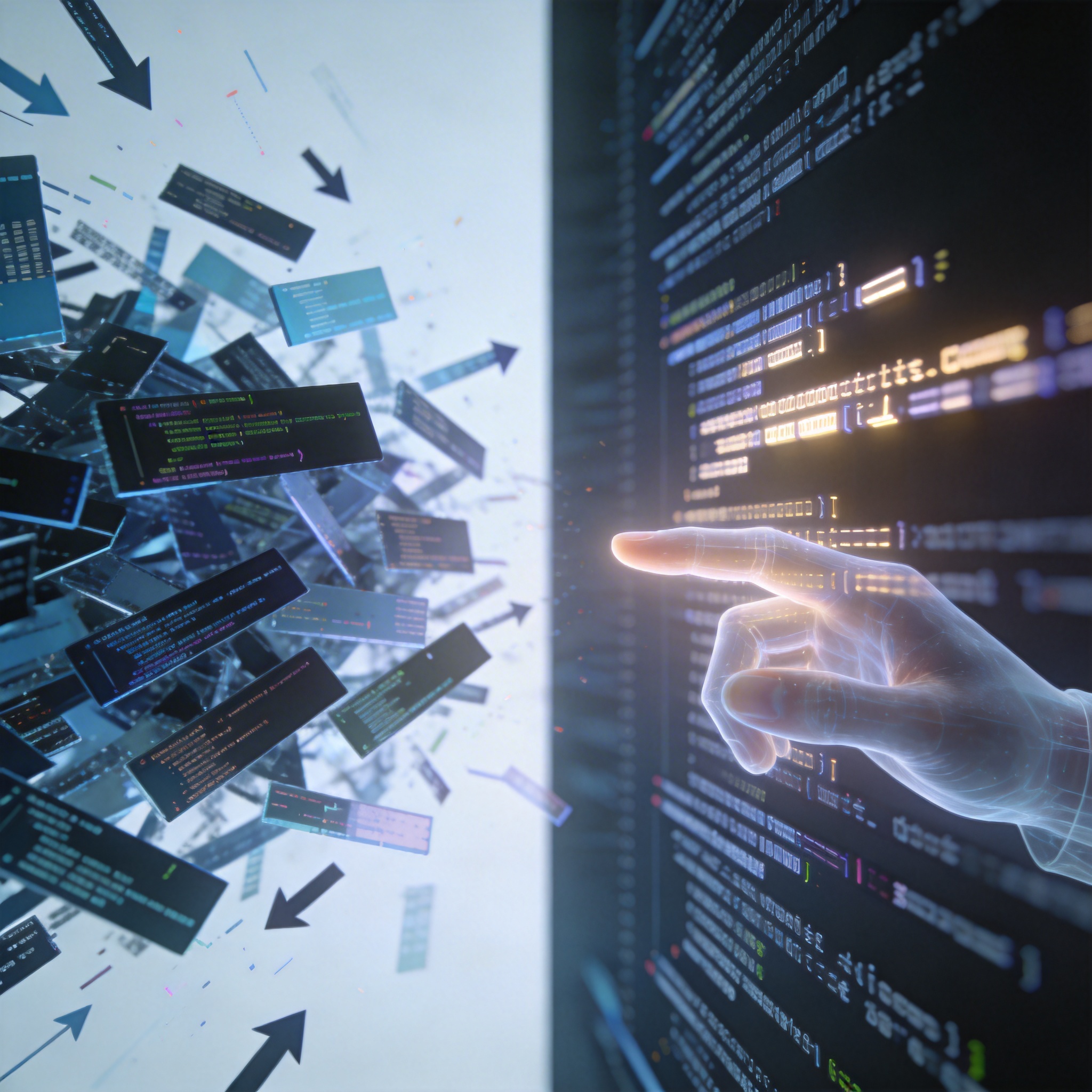 Split image showing chaotic code versus organized code, with a subtle human hand guiding the organized side.