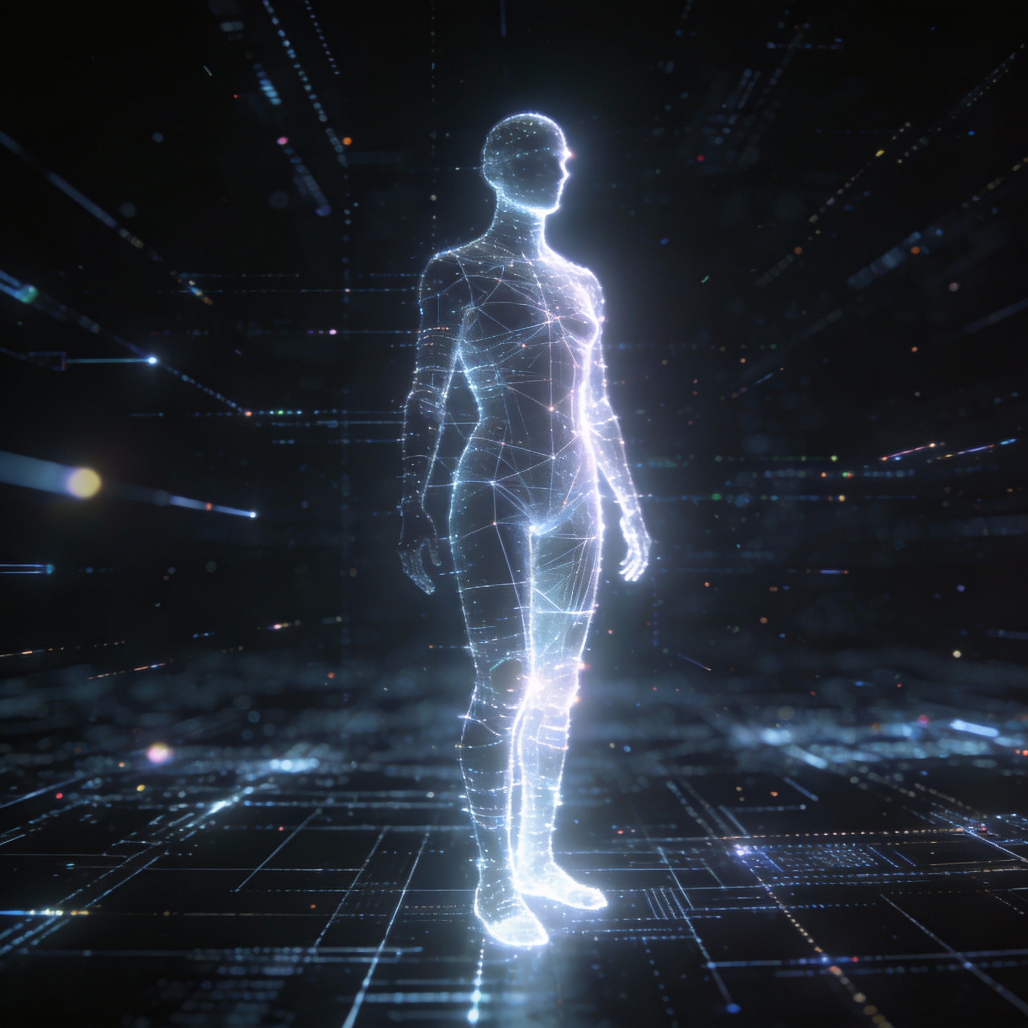 Abstract glowing humanoid figure formed from data streams, symbolizing AI humanoid robots and virtual summaries.