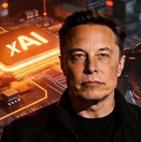 Elon Musk stands confidently in front of a futuristic server room, symbolizing xAI's ambitious growth in AI compute.