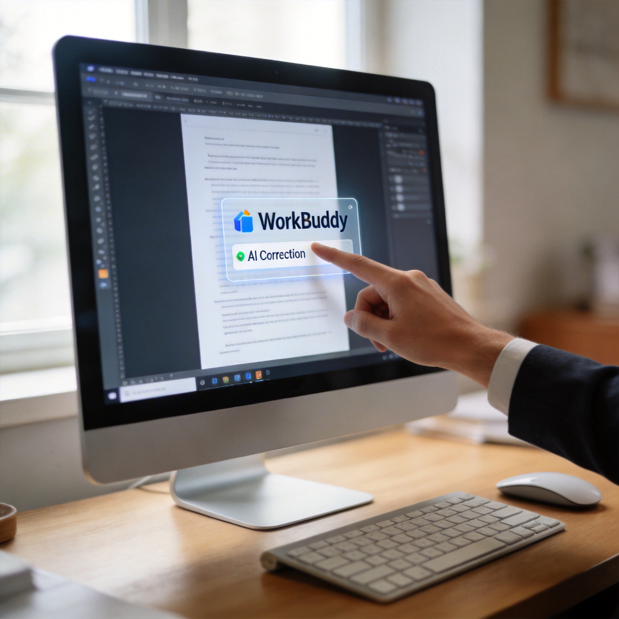Hand pointing at a document on a computer screen with AI-suggested corrections, illustrating local file interaction.