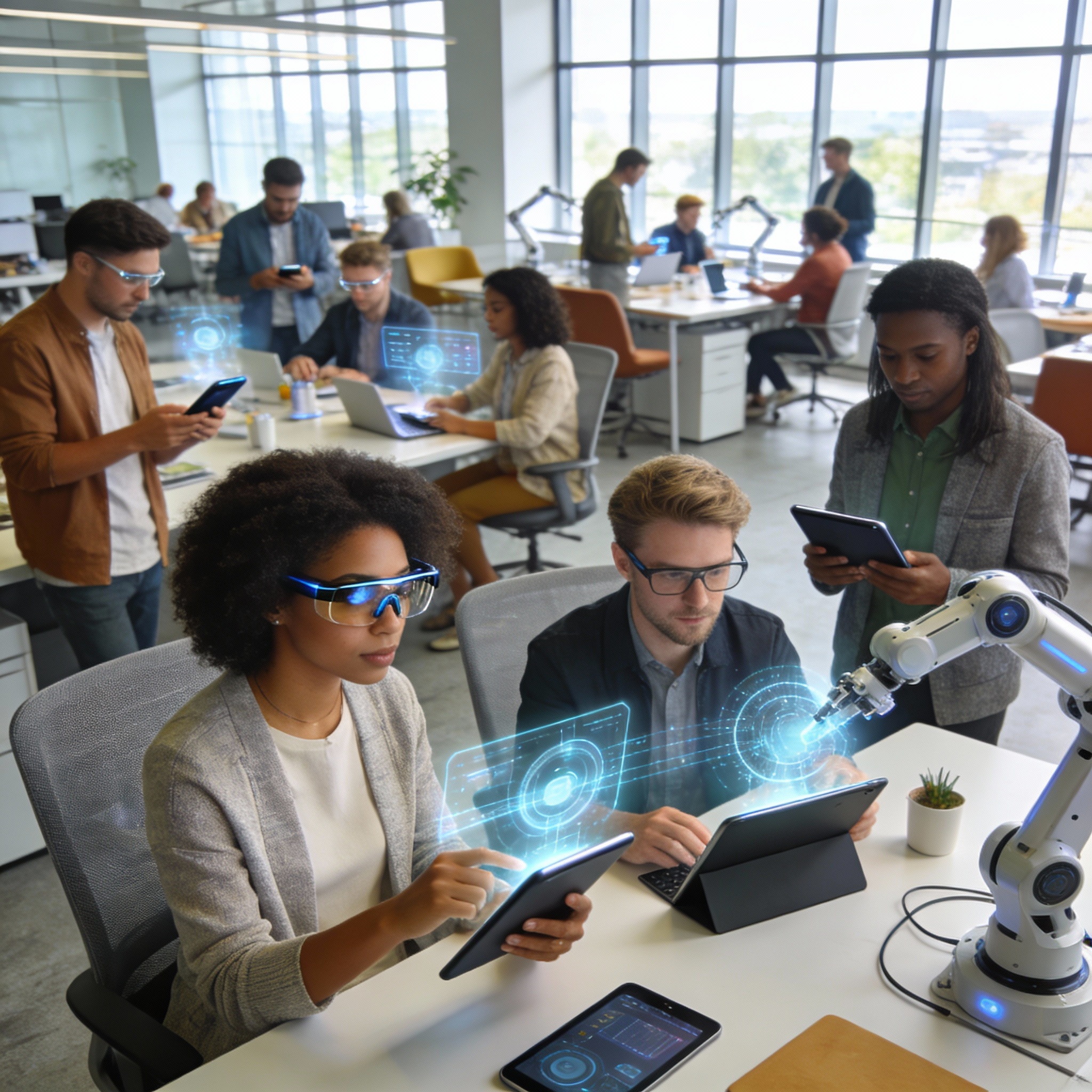 Diverse group of people interacting with various smart devices in a modern workspace, symbolizing the widespread adoption of embodied and personalized AI.
