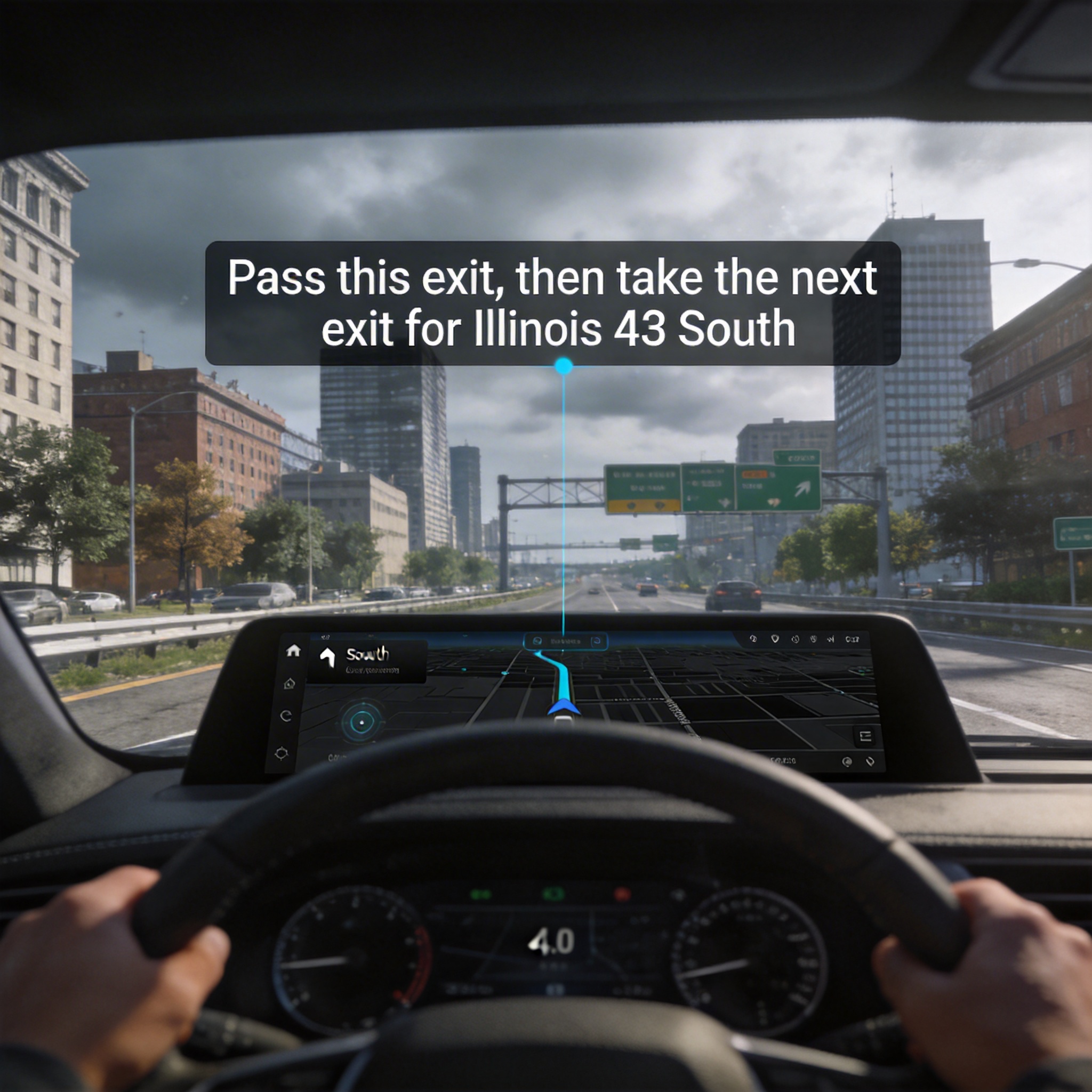 Car dashboard with immersive 3D navigation showing detailed urban environment and contextual directions.