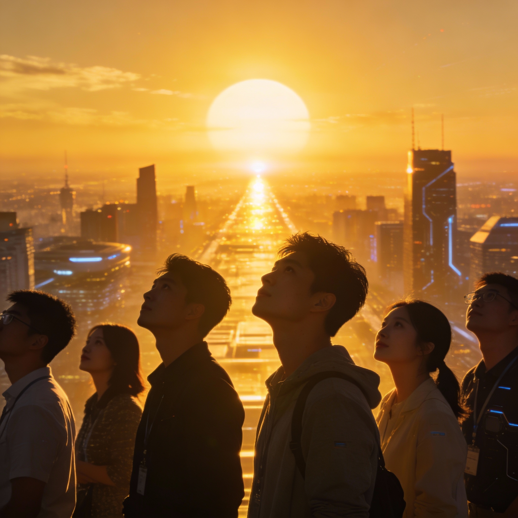 Young Chinese AI entrepreneurs and researchers looking towards a futuristic cityscape at sunrise, symbolizing optimism and future potential.