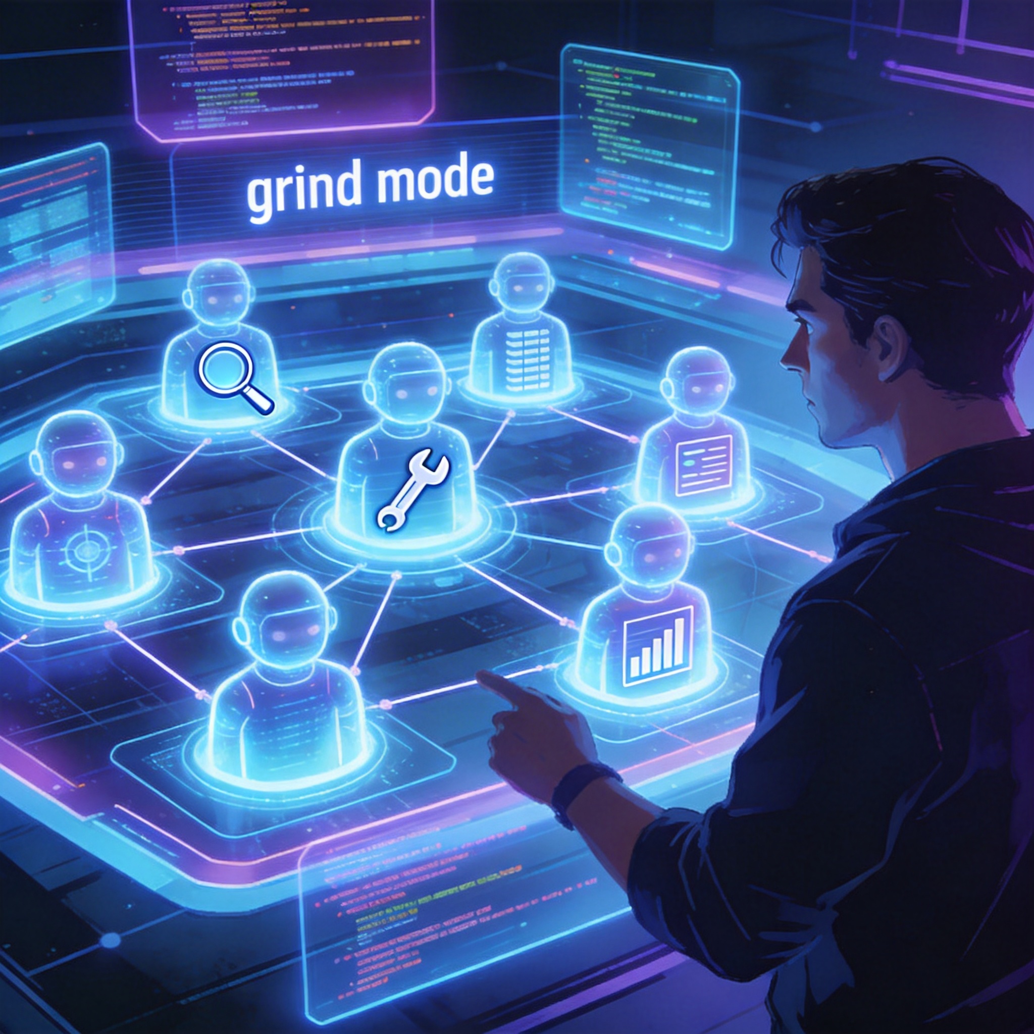 Developer overseeing a team of glowing, interconnected AI agents in a complex digital environment, symbolizing multi-agent systems.