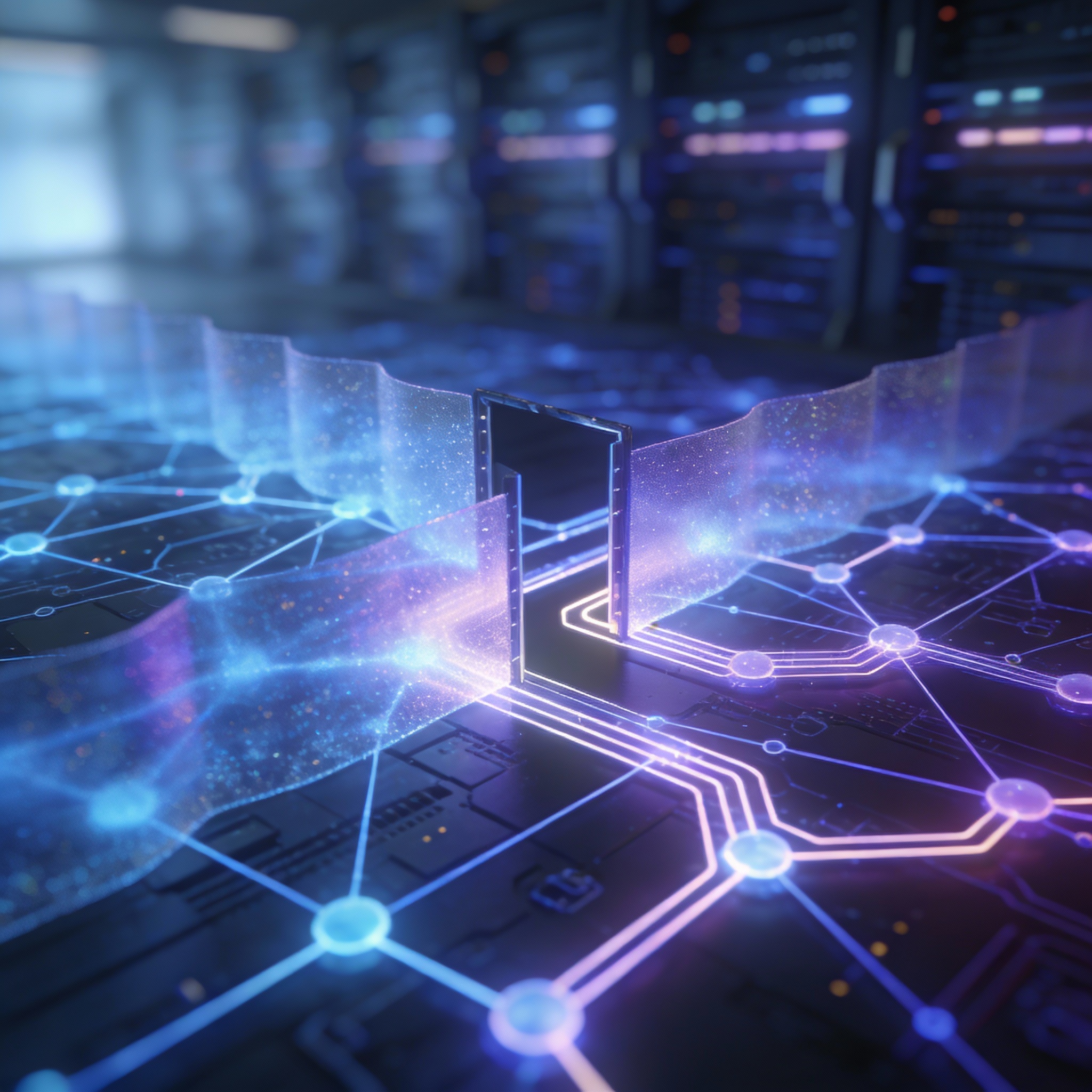 Abstract digital network with easily bypassed pathways, symbolizing shallow competitive moats in AI programming.