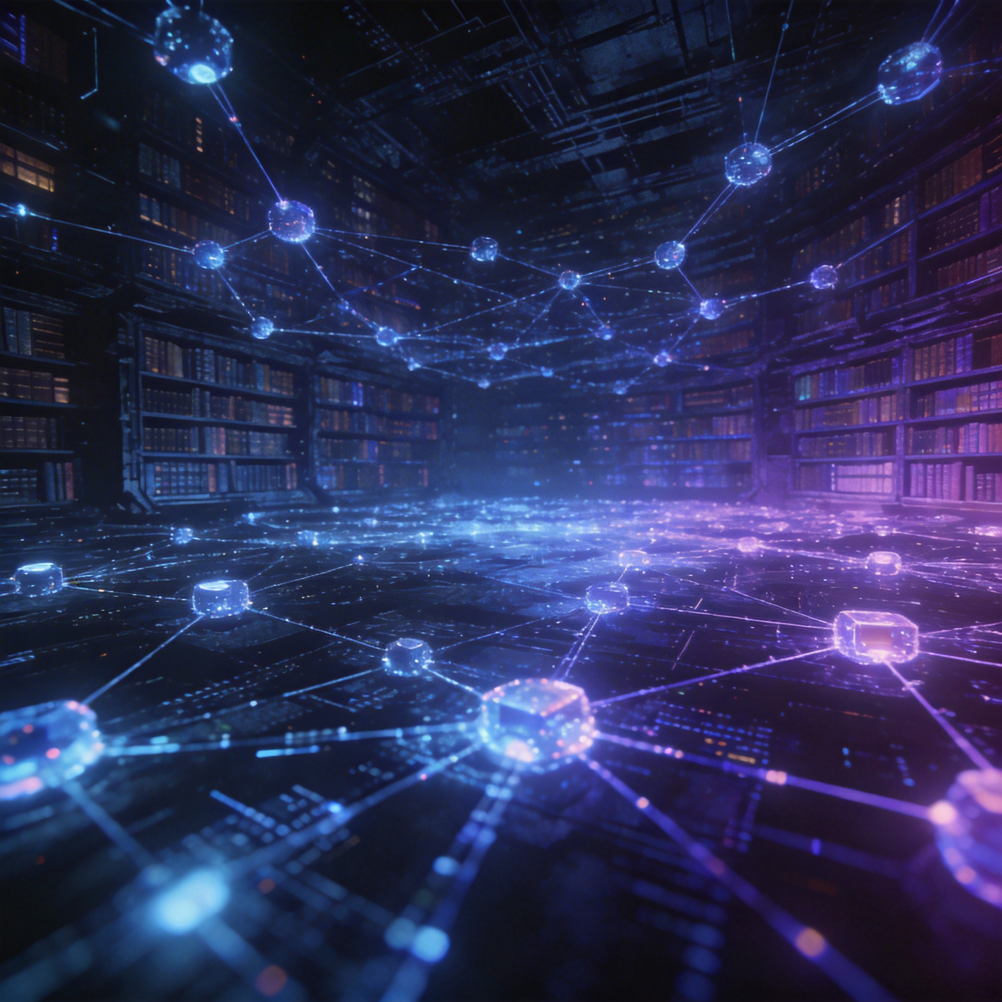 Abstract digital memory palace, with glowing nodes representing interconnected AI-generated knowledge and strategic thinking.