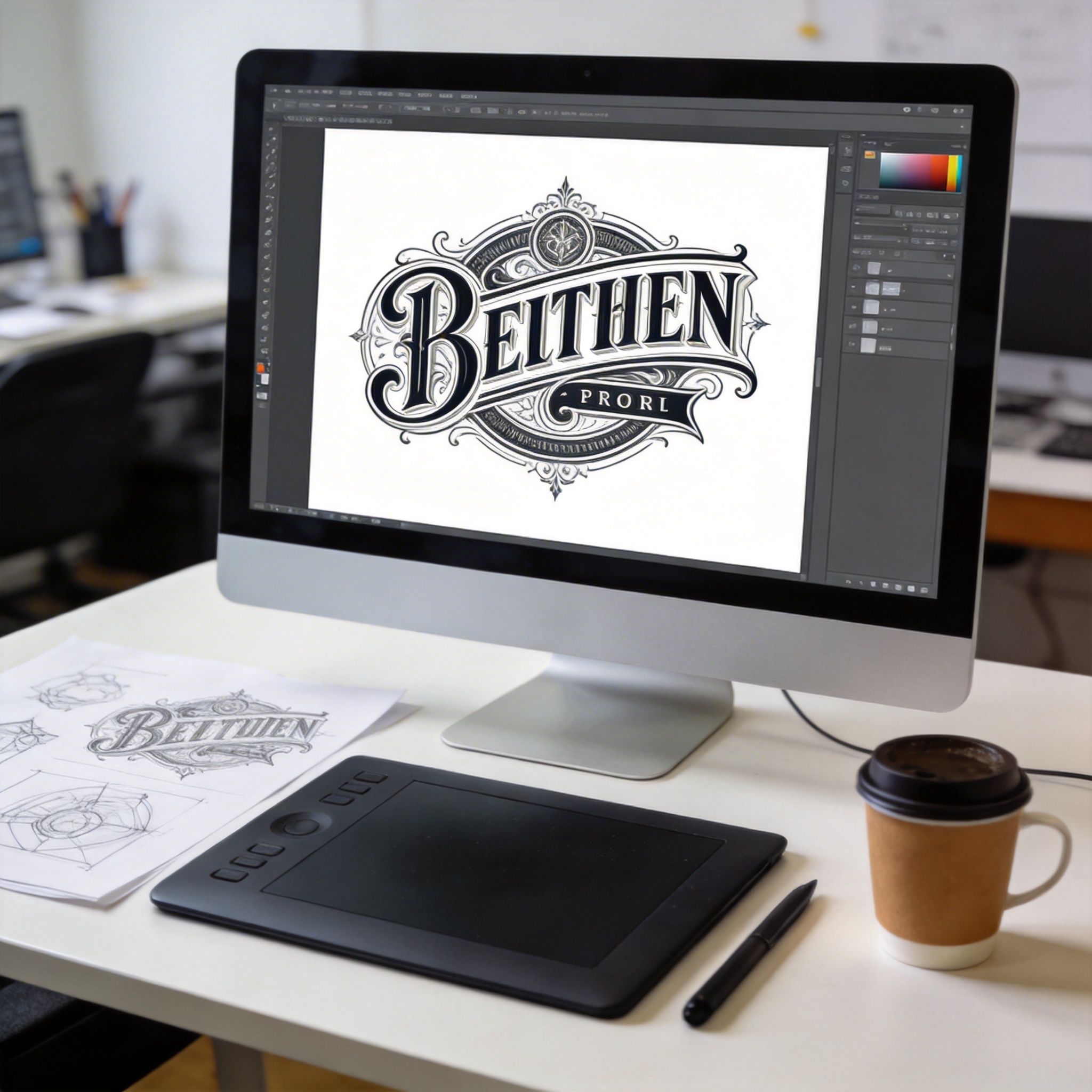 Graphic designer's desk with a monitor showing a perfectly rendered AI-generated logo design.