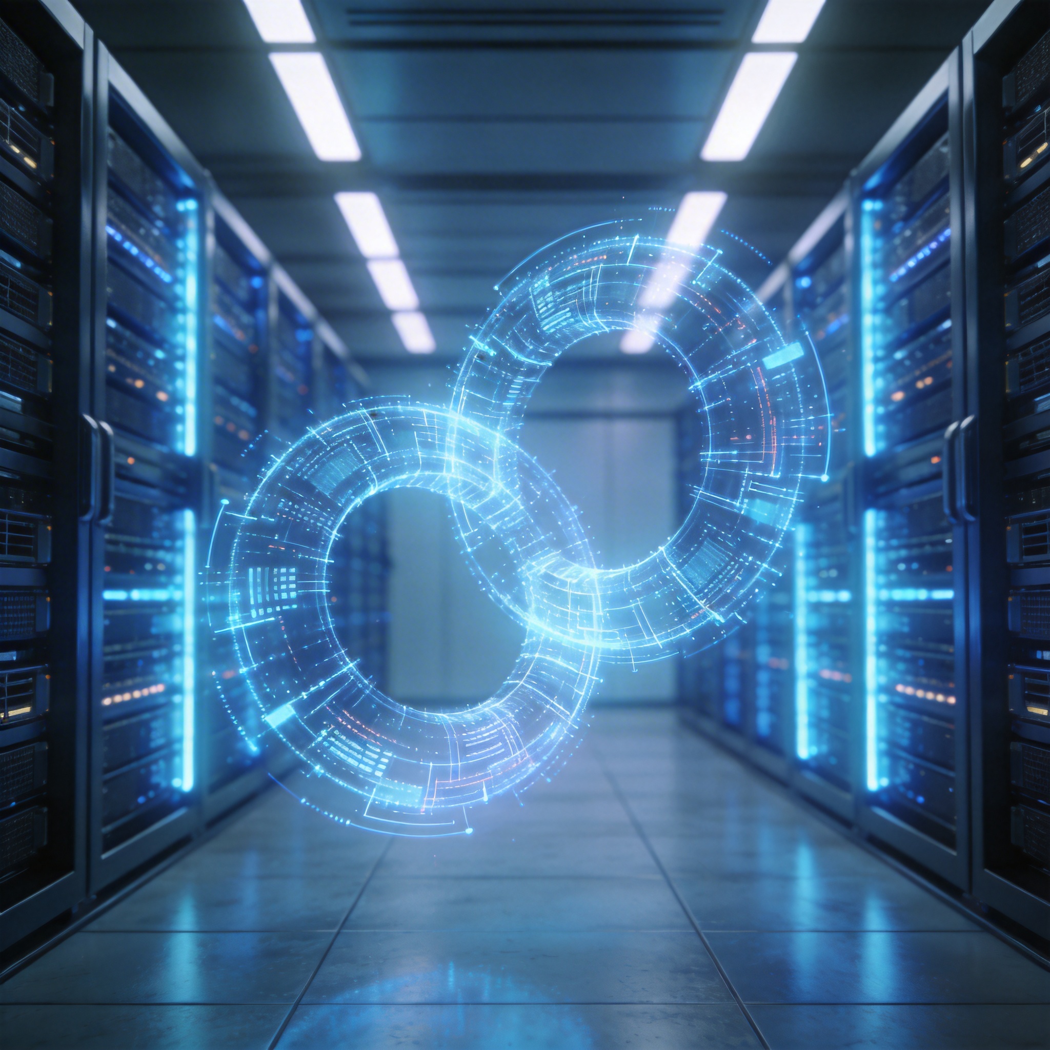 Holographic projections of data structures interacting, symbolizing AI researching itself in a server room.
