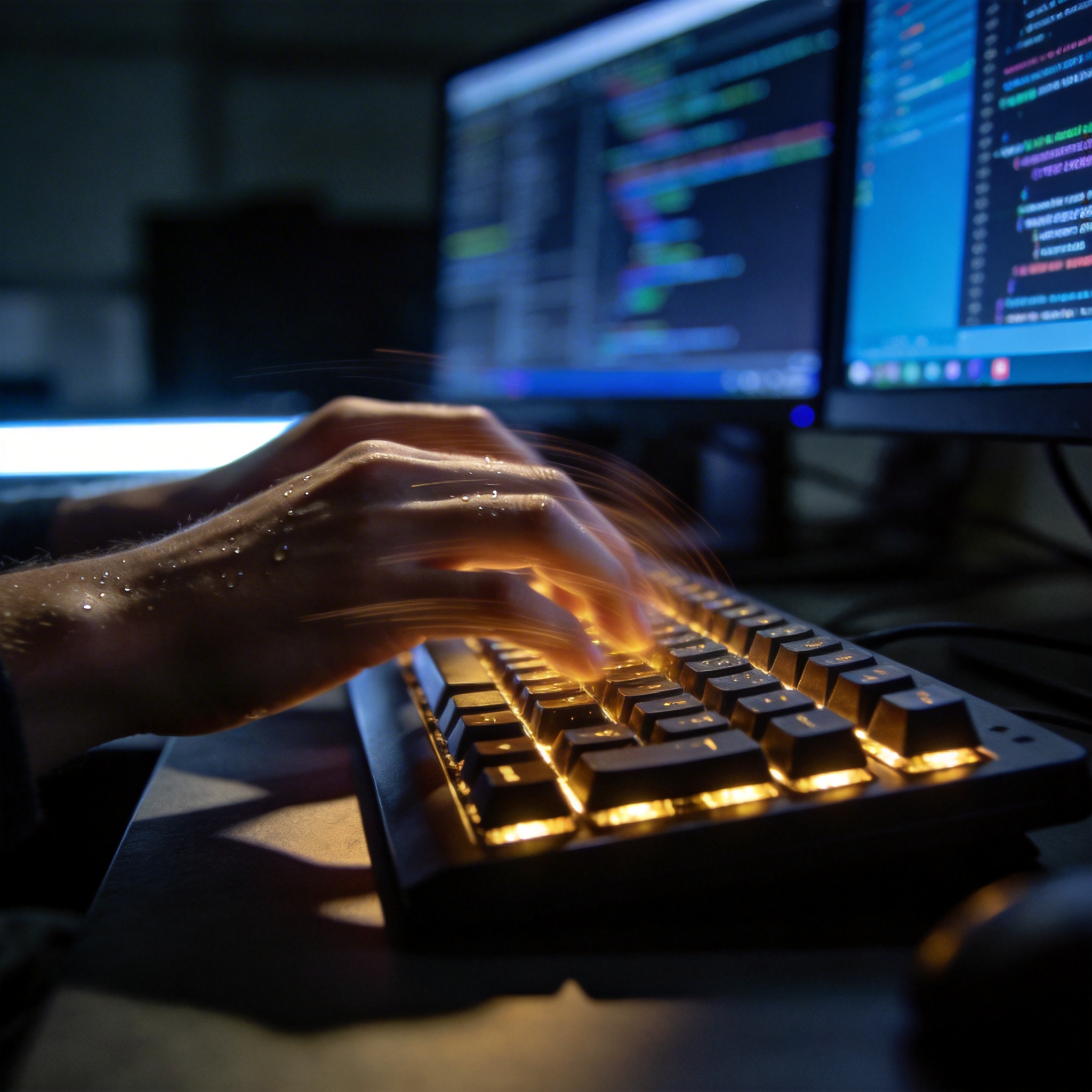 Developer's hands typing rapidly on a keyboard, with code on screens in the background, symbolizing rapid development.