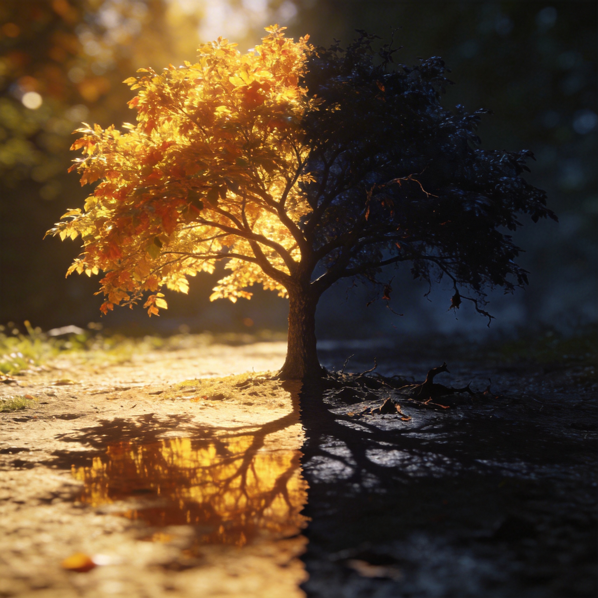 A tree with one side in bright light and the other in deep shadow, symbolizing AI's 'Light and Shade' contradictions.