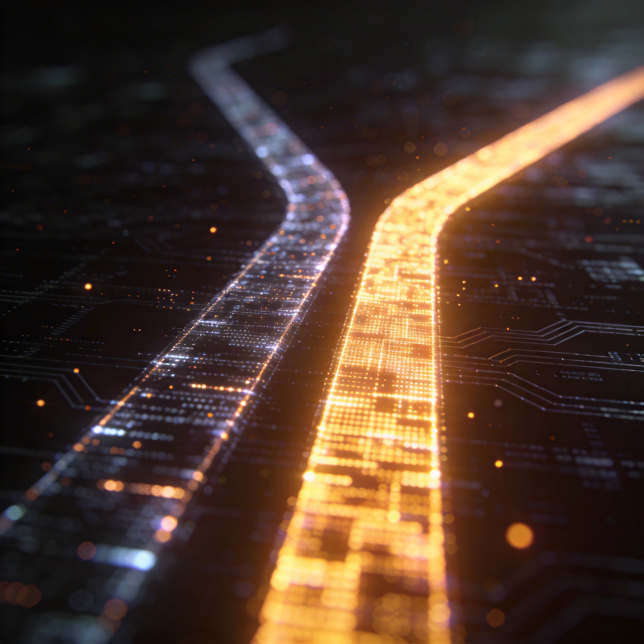 Two diverging digital pathways, one wider and brighter, symbolizing shifting market dynamics in AI.