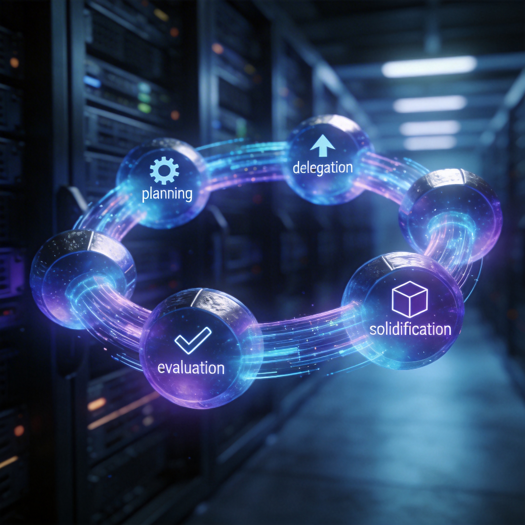 Abstract digital loop symbolizing planning, delegation, evaluation, and solidification in engineering.