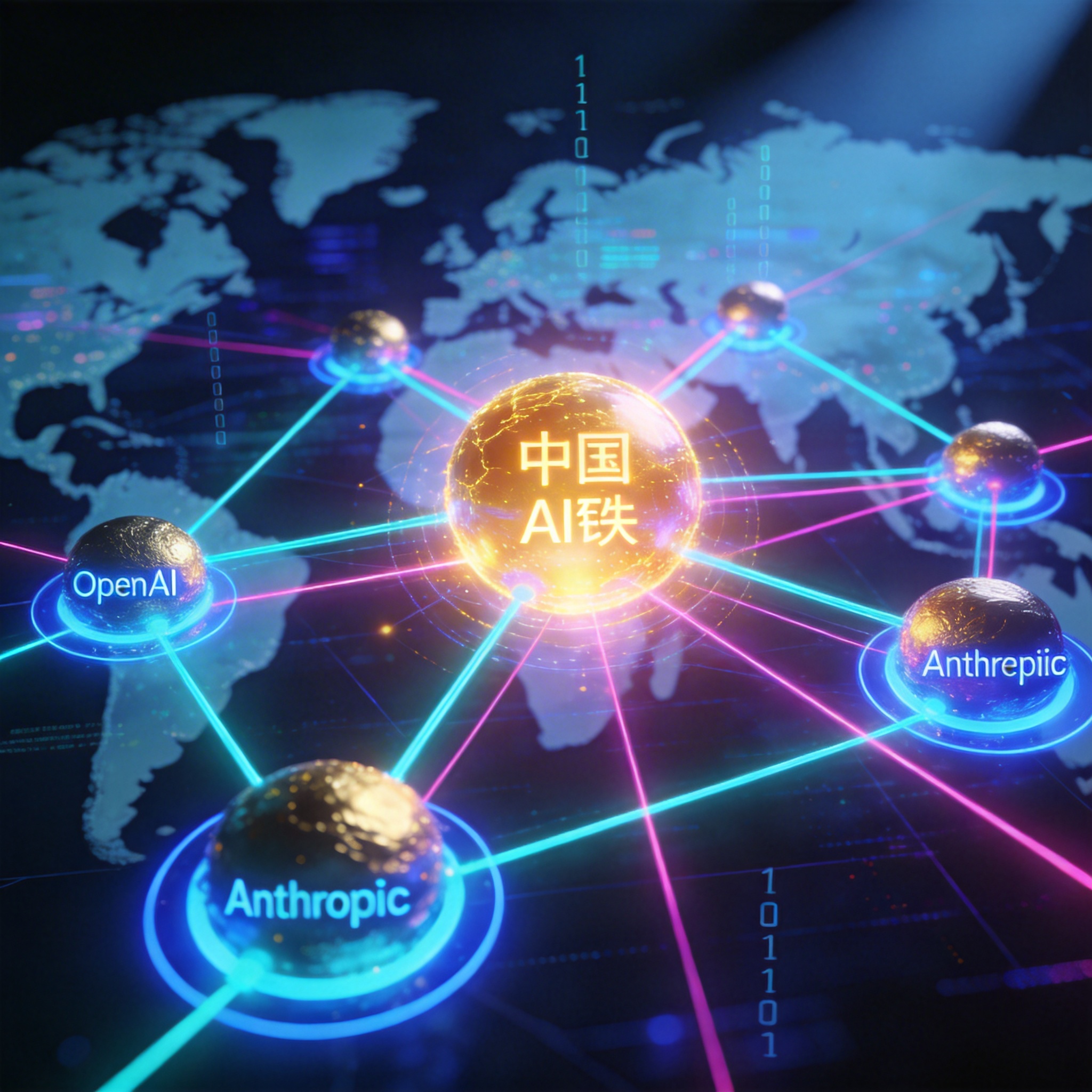 Abstract network of glowing lines and nodes, with a central bright hub representing Chinese AI teams connected to other major AI players.