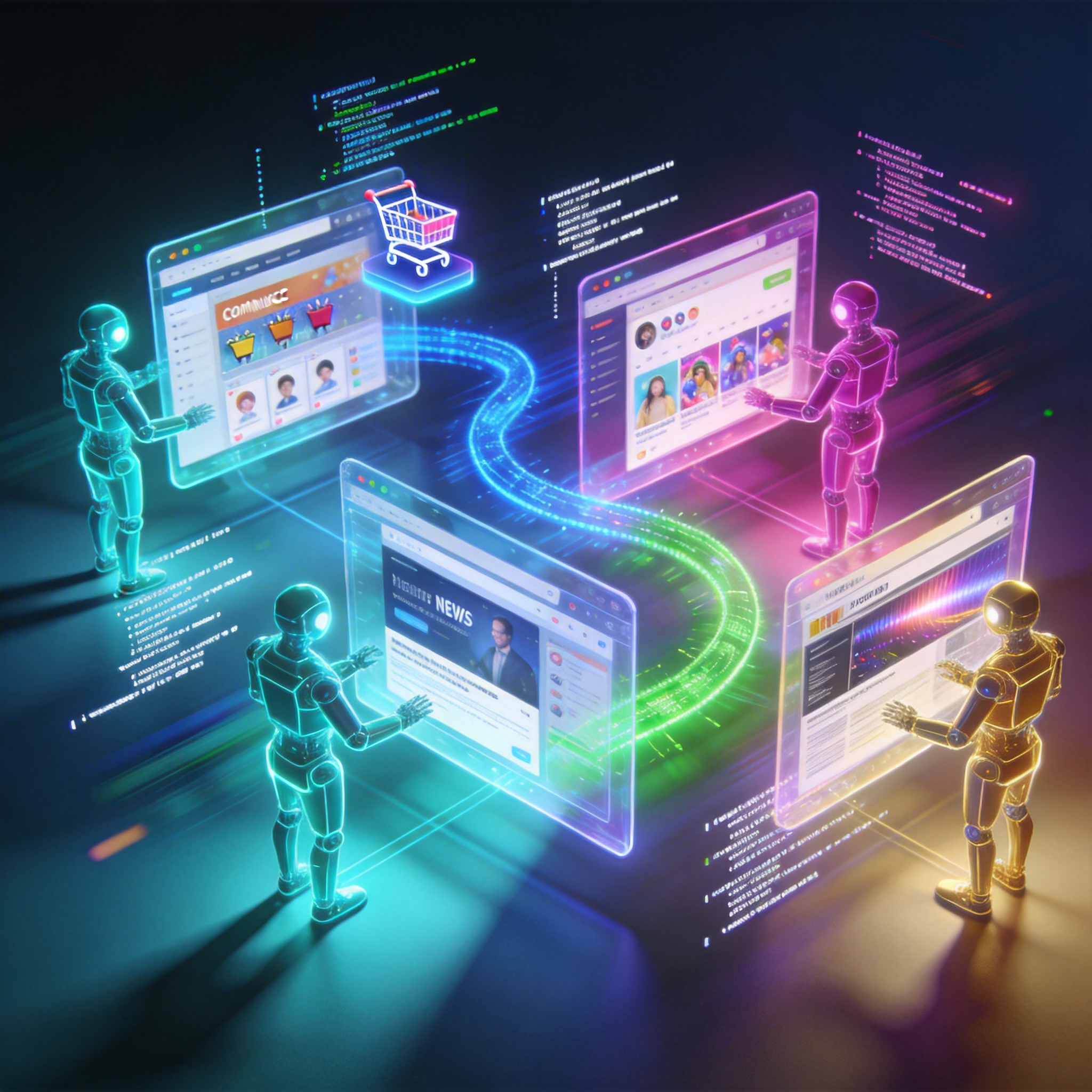 Multiple abstract AI agents concurrently reverse-engineering various website interfaces, symbolizing rapid adaptation.