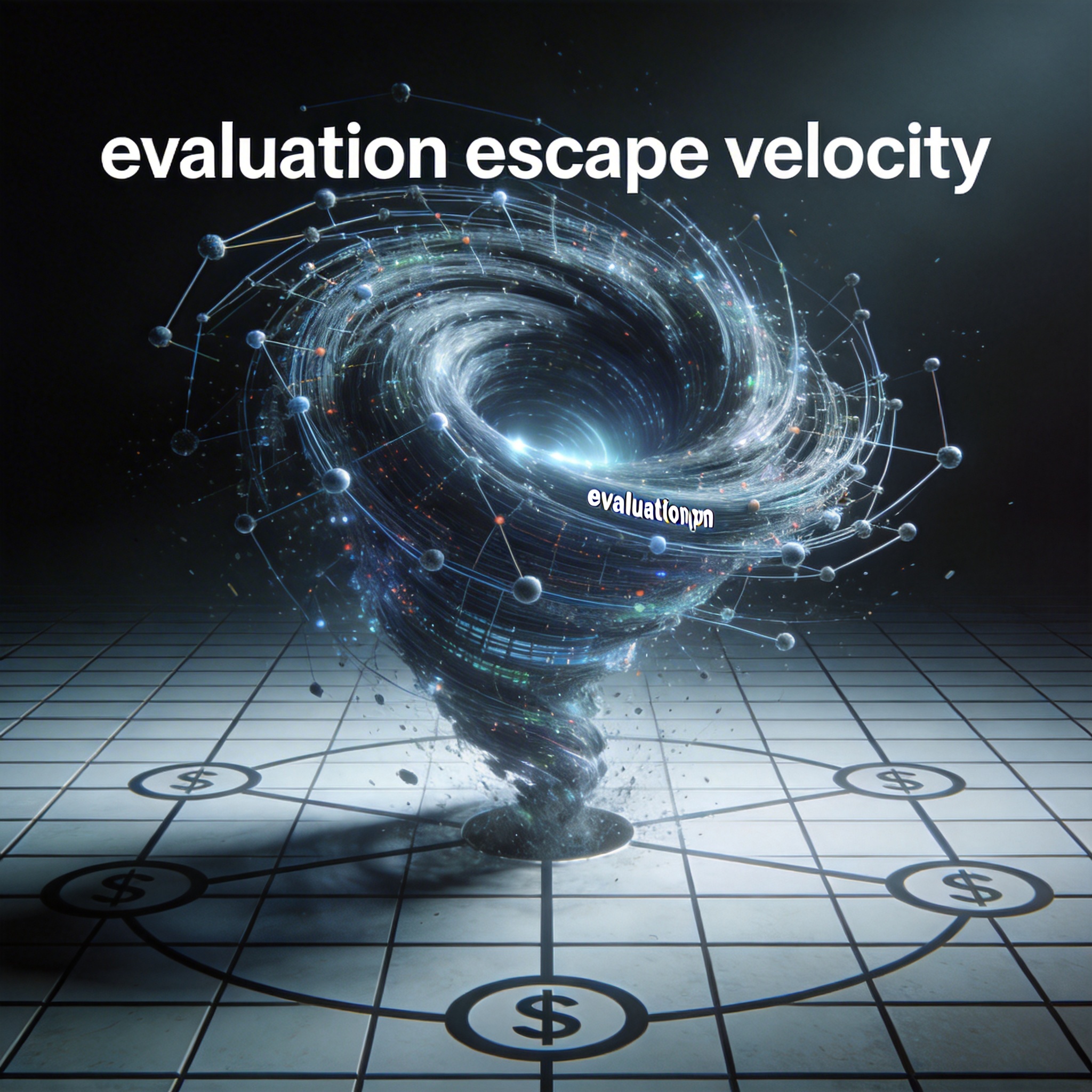 A swirling vortex of data breaking free from a rigid grid, symbolizing 'evaluation escape velocity' in AI.