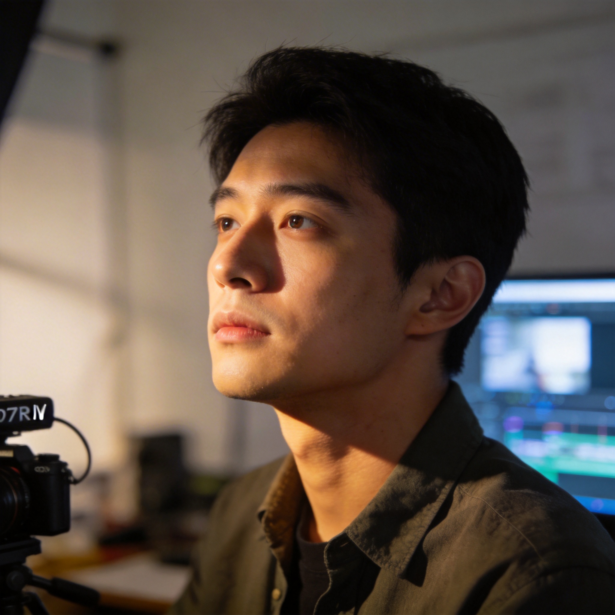Portrait of 'Director Li Rang,' a young filmmaker, in a modern studio.