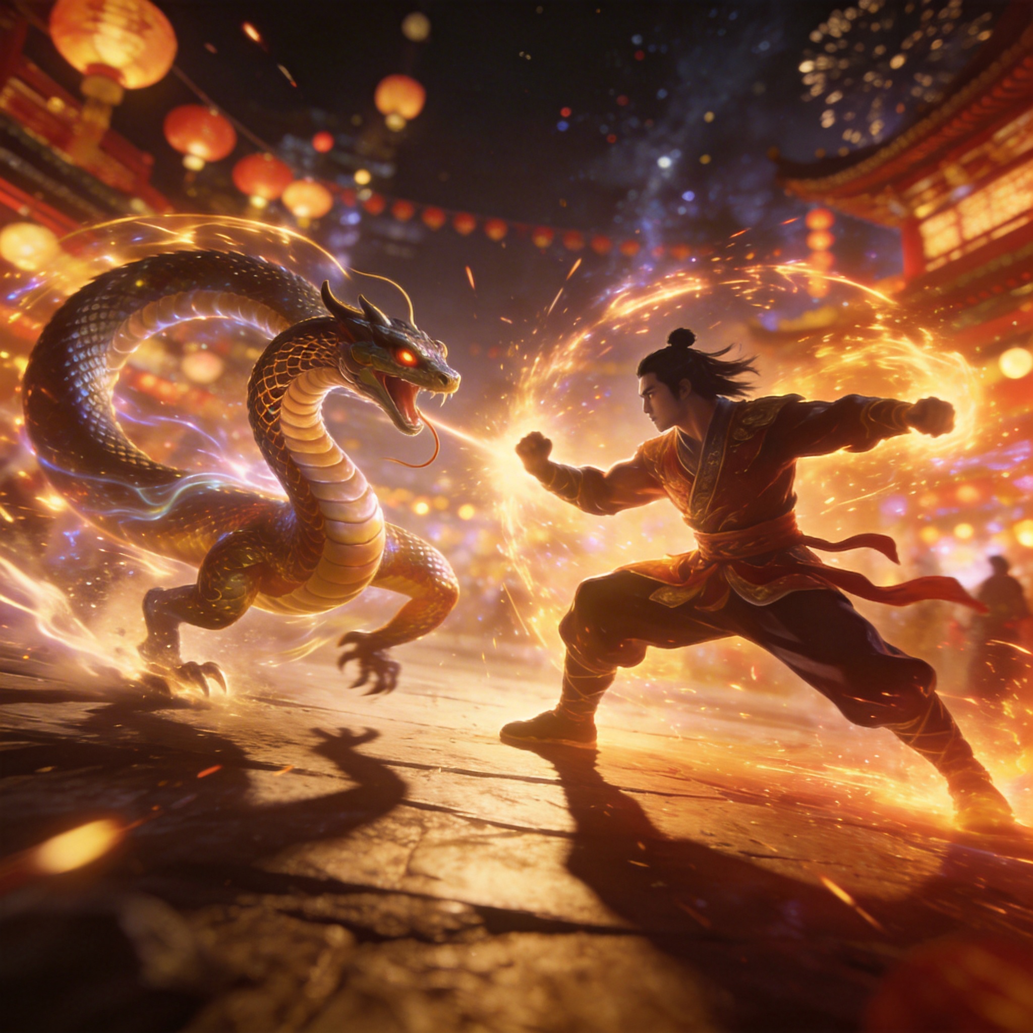 Fantastical AI-generated battle between Snake Year Beast and Ma Biao.