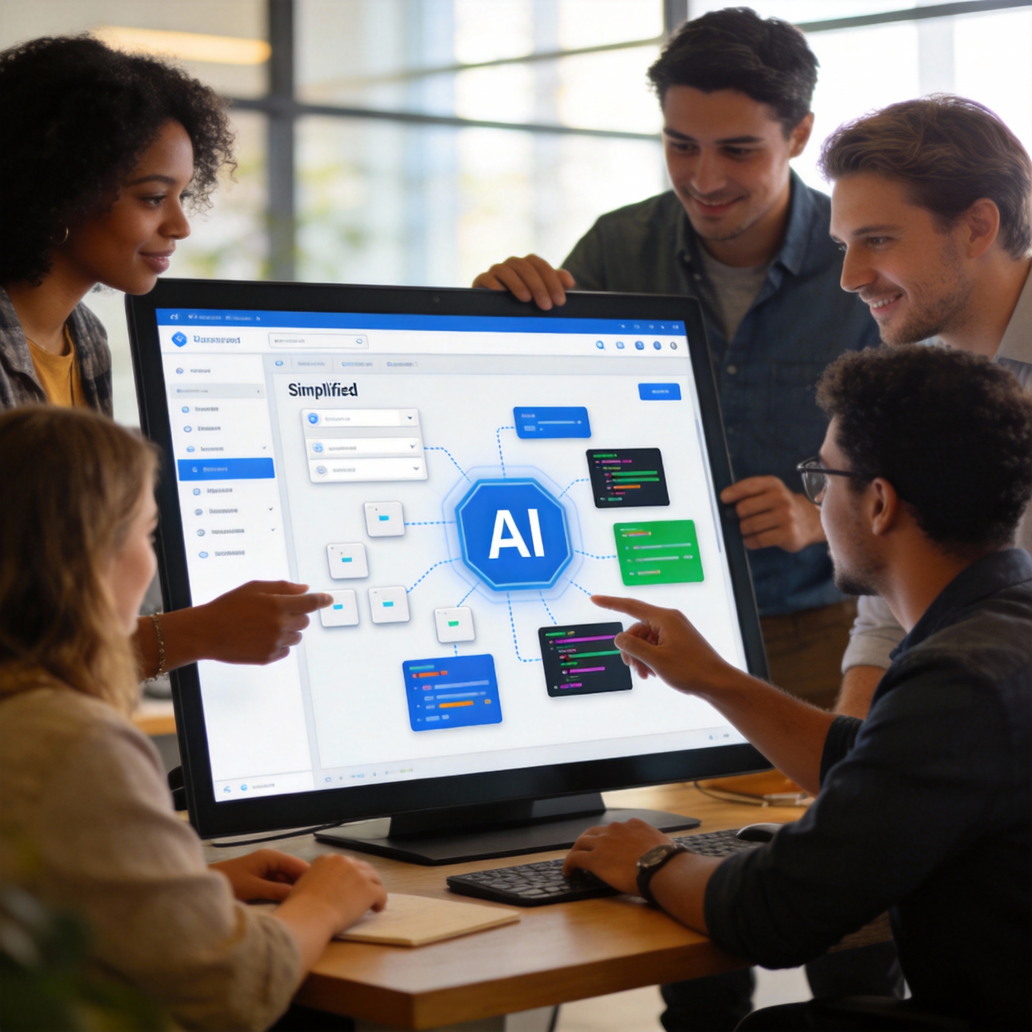 Diverse team collaborating on a visual programming interface for AI skill development.