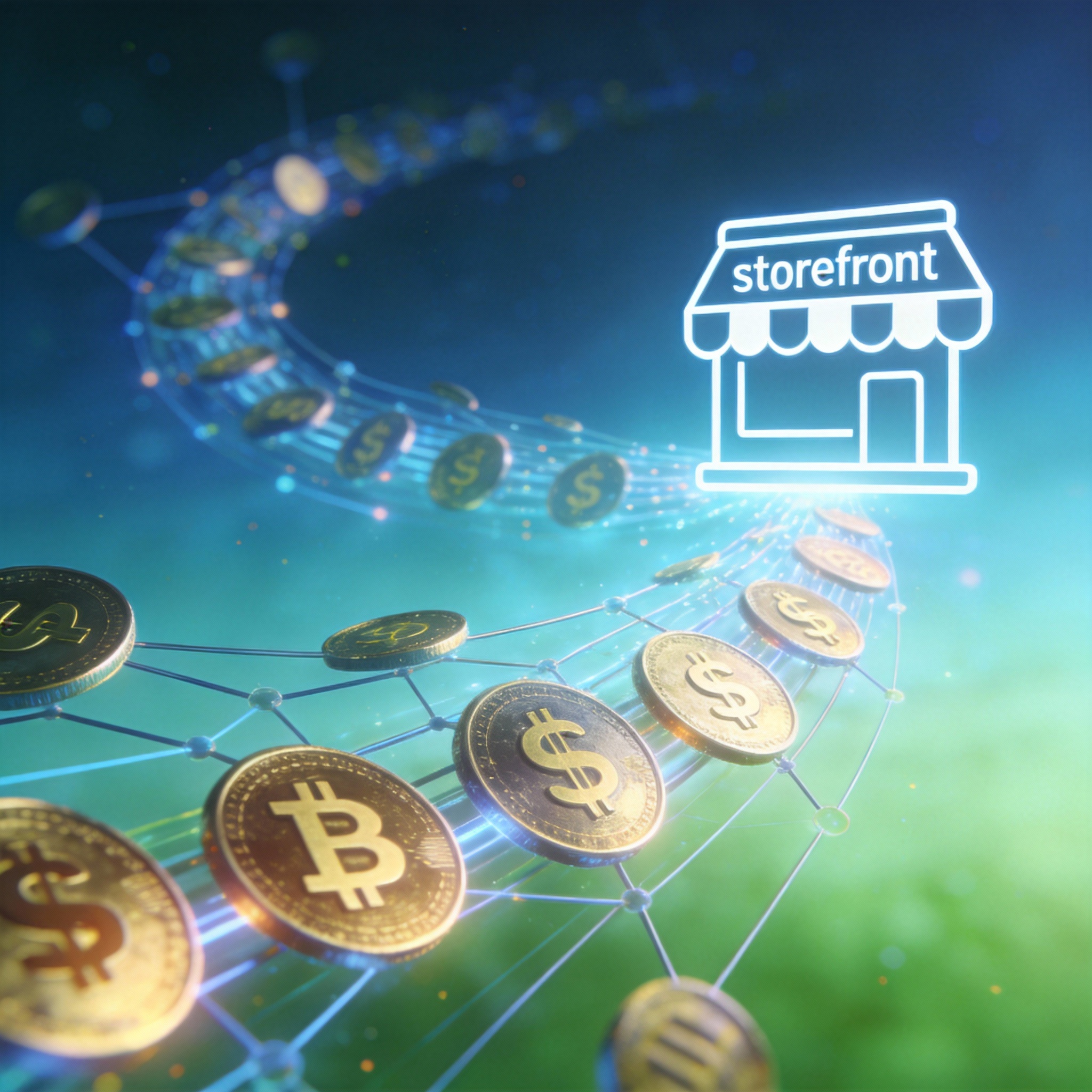 Abstract visualization of digital currency flowing towards a storefront icon.