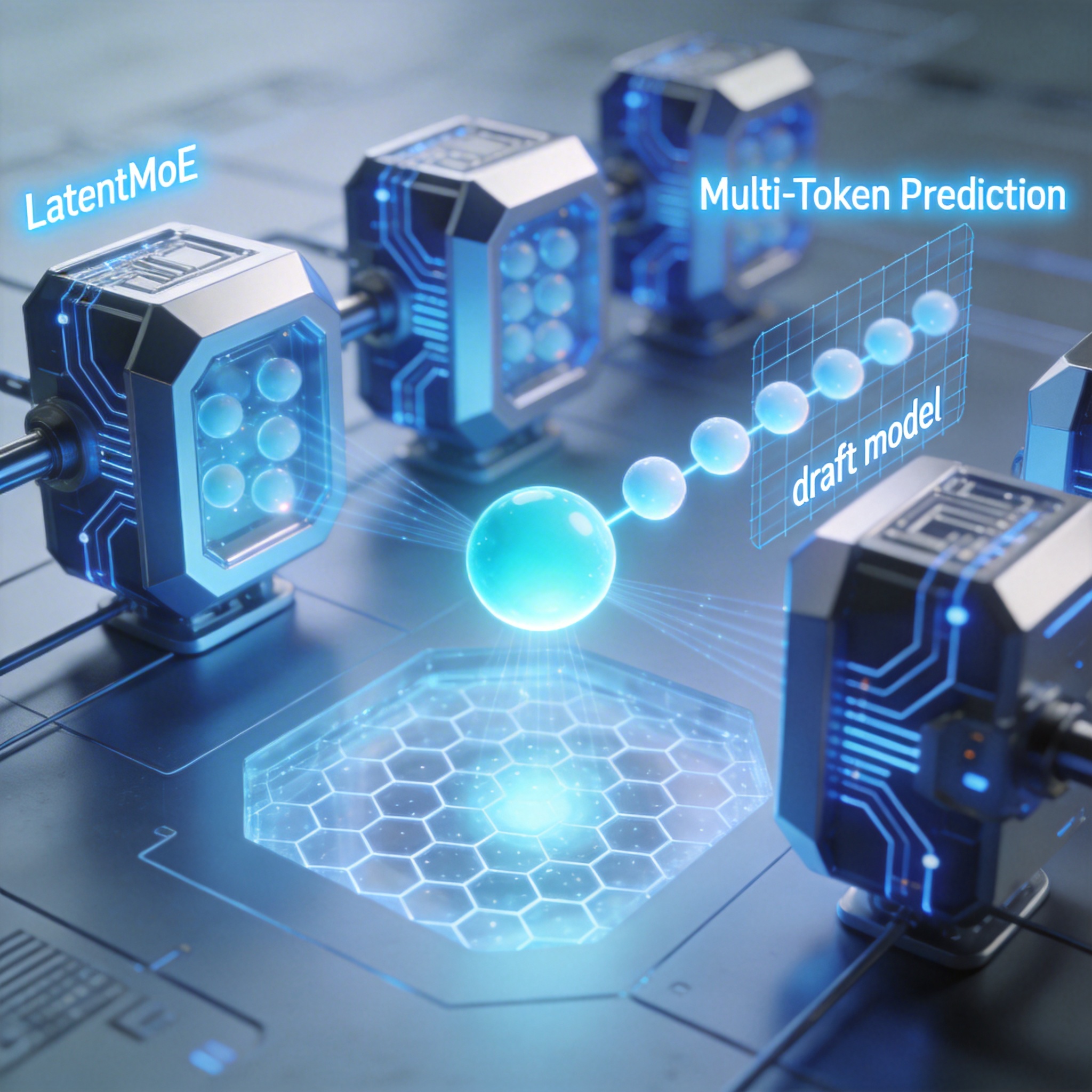 Visual explanation of LatentMoE and Multi-Token Prediction processes in AI.