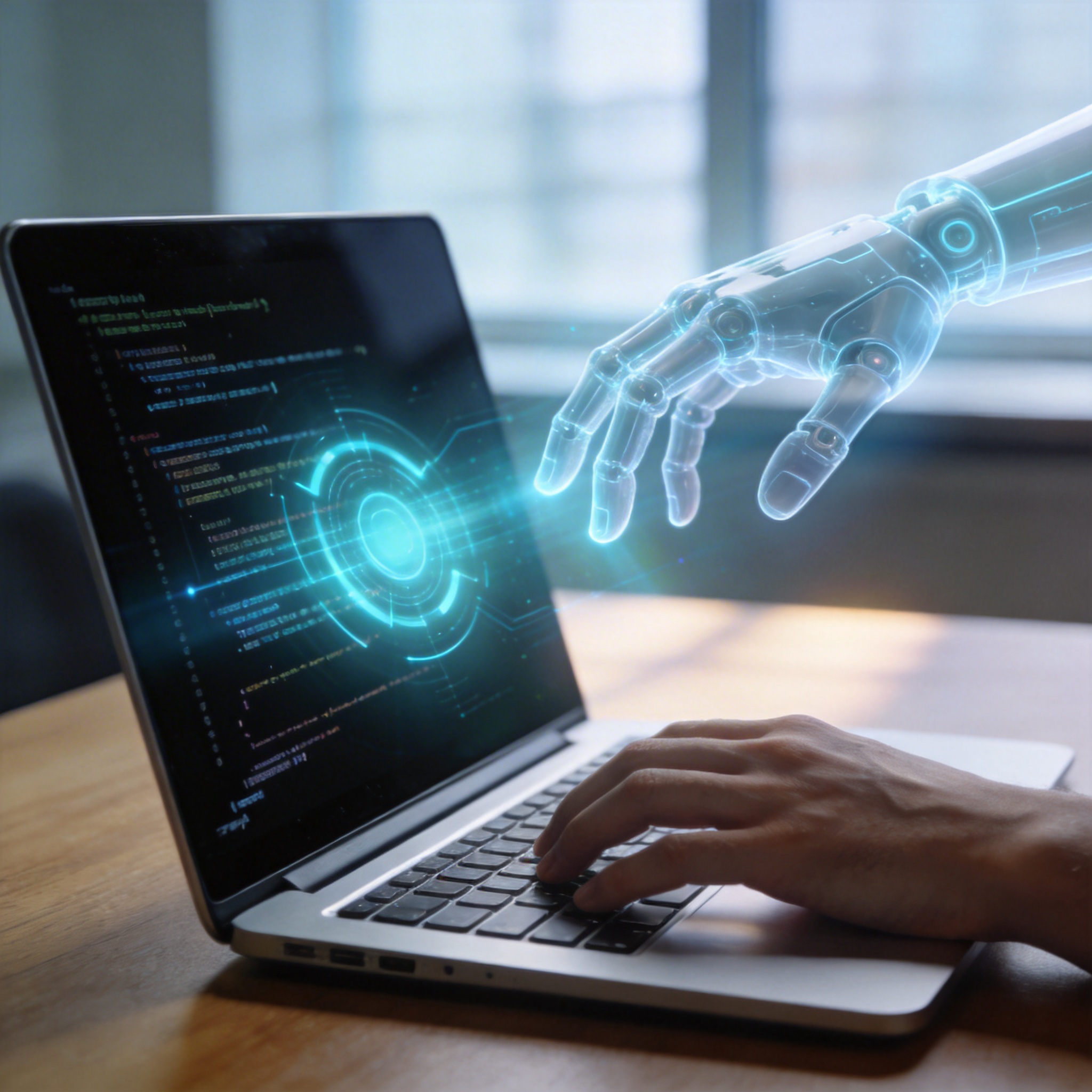 Human hand and translucent AI hand hovering over a laptop displaying code, symbolizing AI taking over tasks.