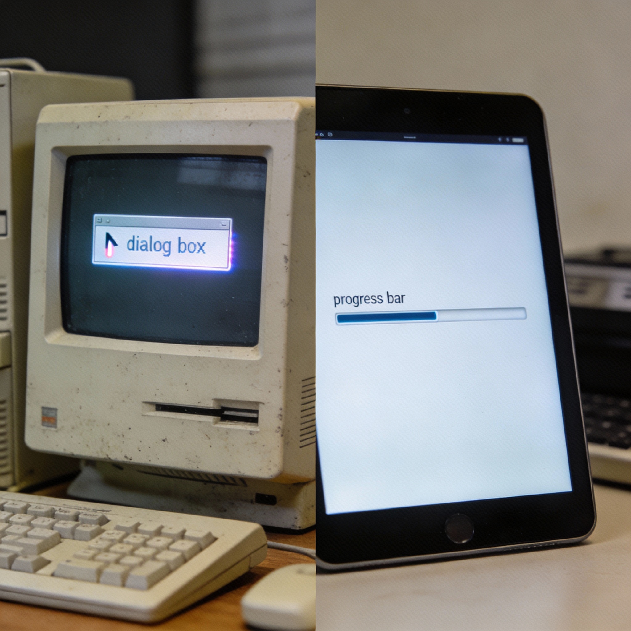 Split image showing a vintage dialog box on one screen and a modern progress bar on another, symbolizing AI product evolution.