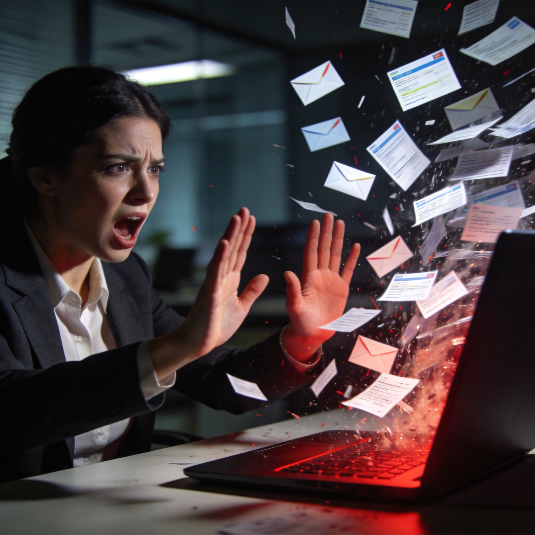 Stressed woman trying to stop uncontrollable digital data flow from a laptop, symbolizing an AI security incident.