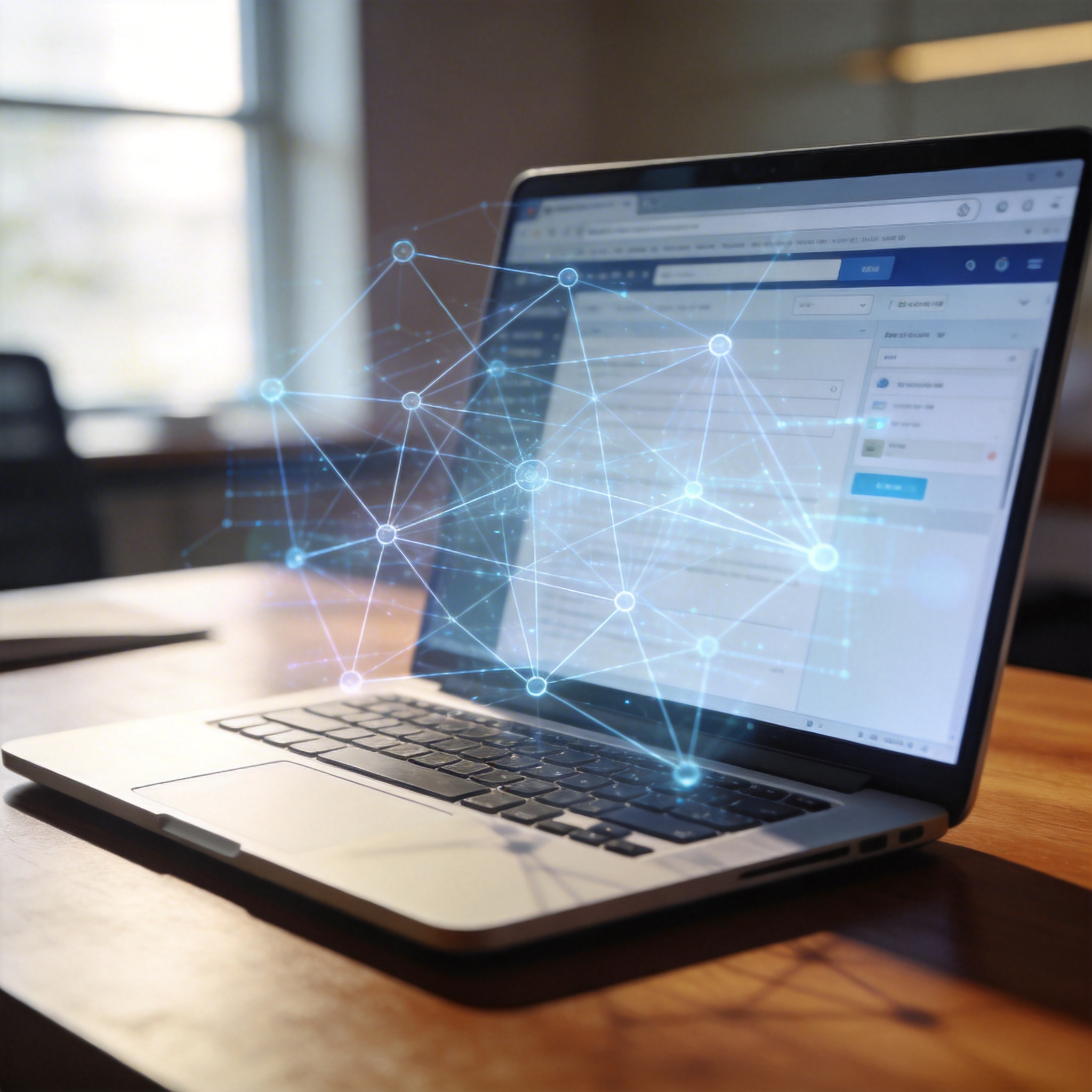 Laptop screen showing a web browser with a subtle digital overlay, representing AI control.