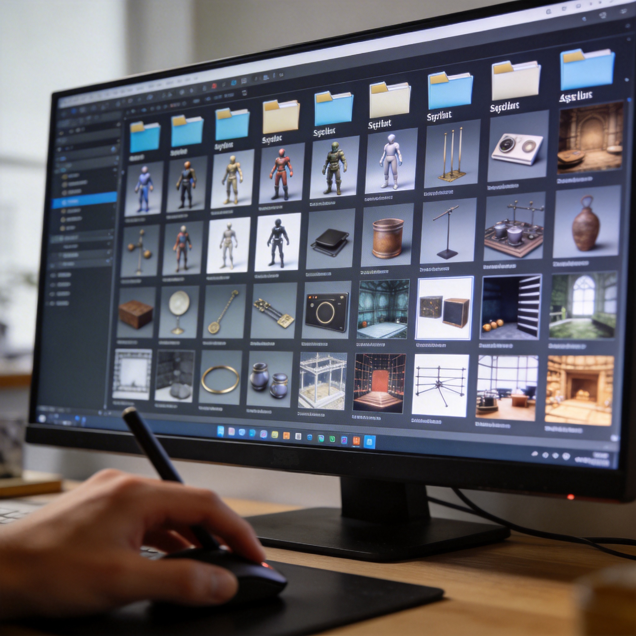 Digital asset library interface showing character models, props, and sets, representing Keling 3.0's asset functions.