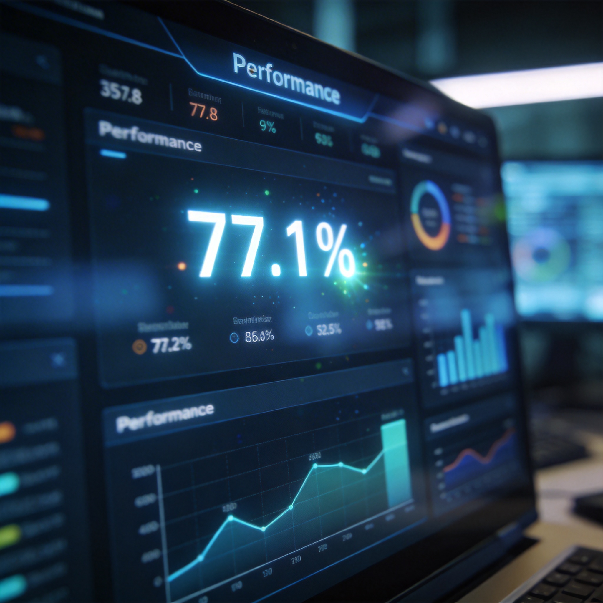 Digital dashboard showing a 77.1% score on a benchmark test, representing Gemini 3.1 Pro's performance.