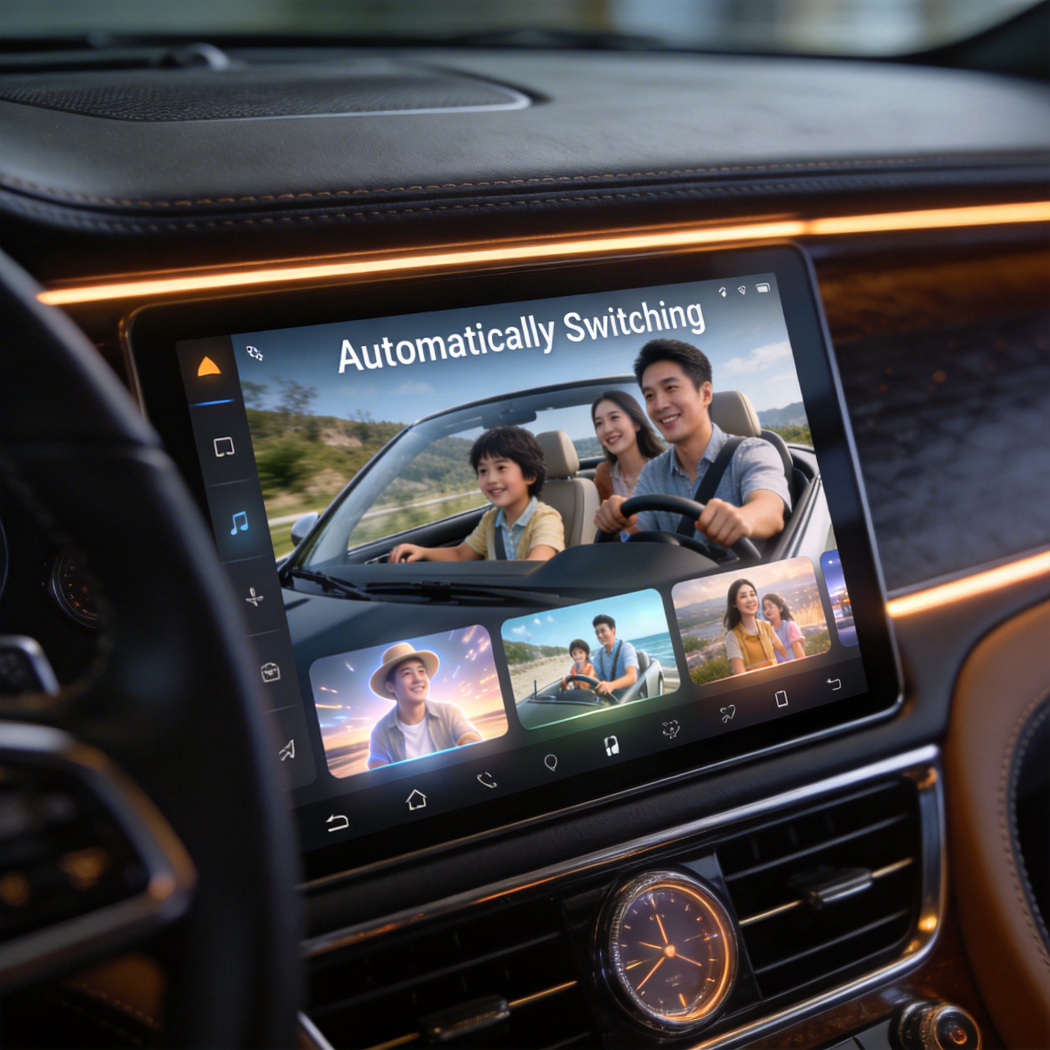 Luxury car interior with an infotainment screen displaying an AI-generated dynamic car advertisement.