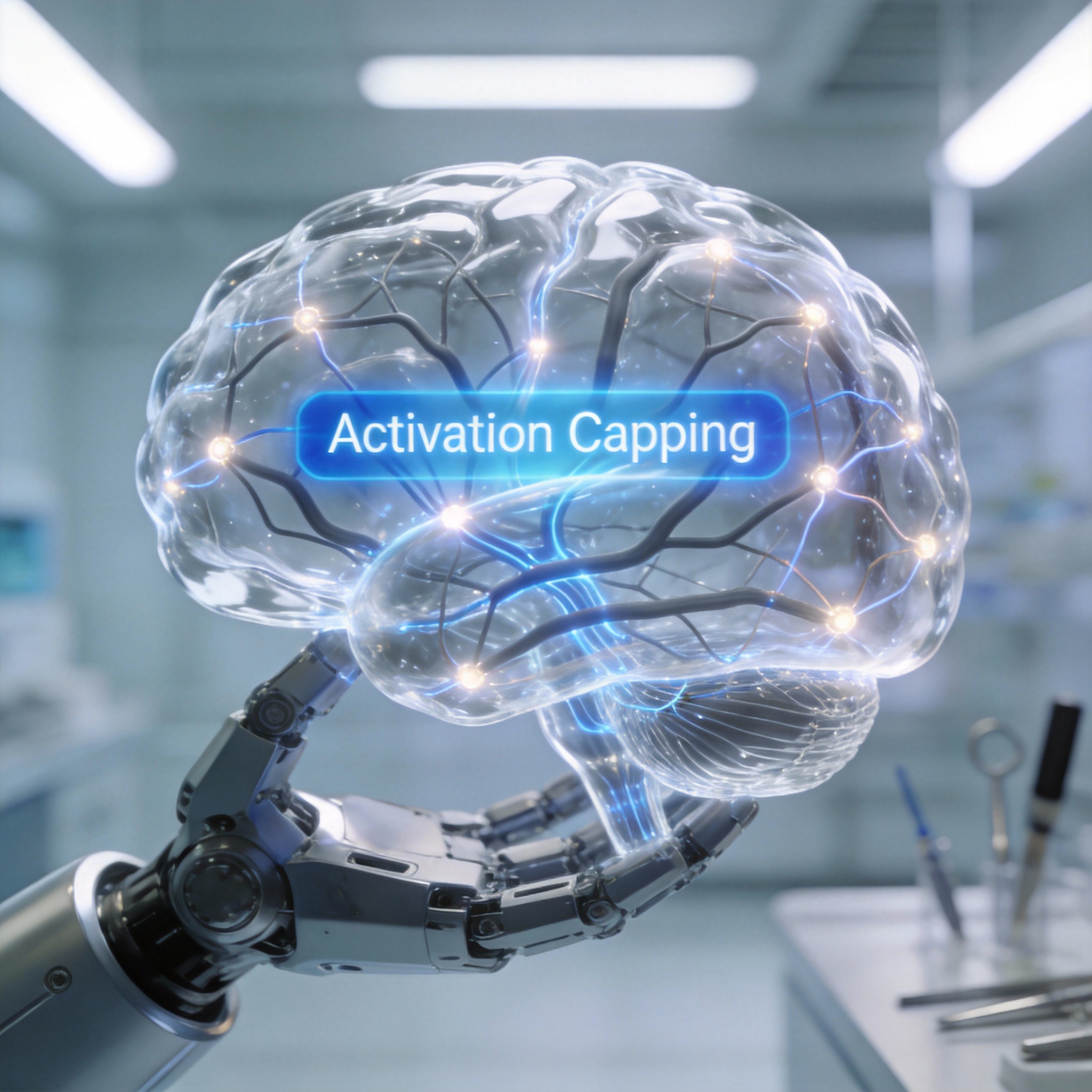 Robotic arm applying 'Activation Capping' to a neural network in a transparent brain model.