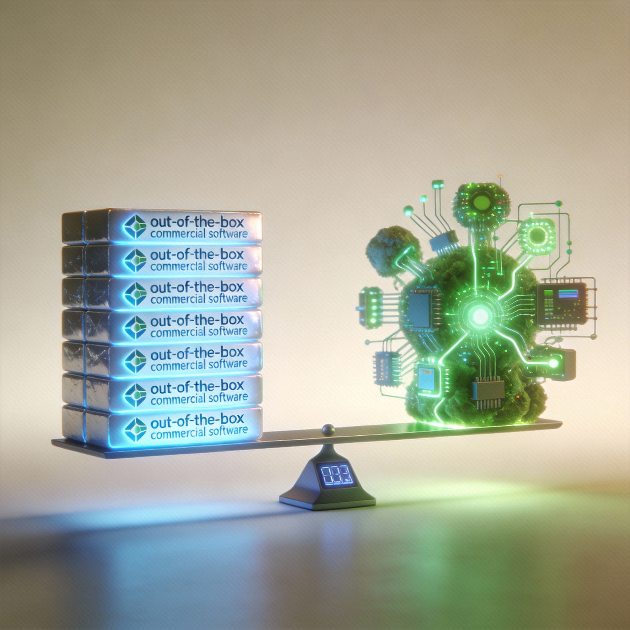 Conceptual image showing a balanced scale between commercial software blocks and open-source components.