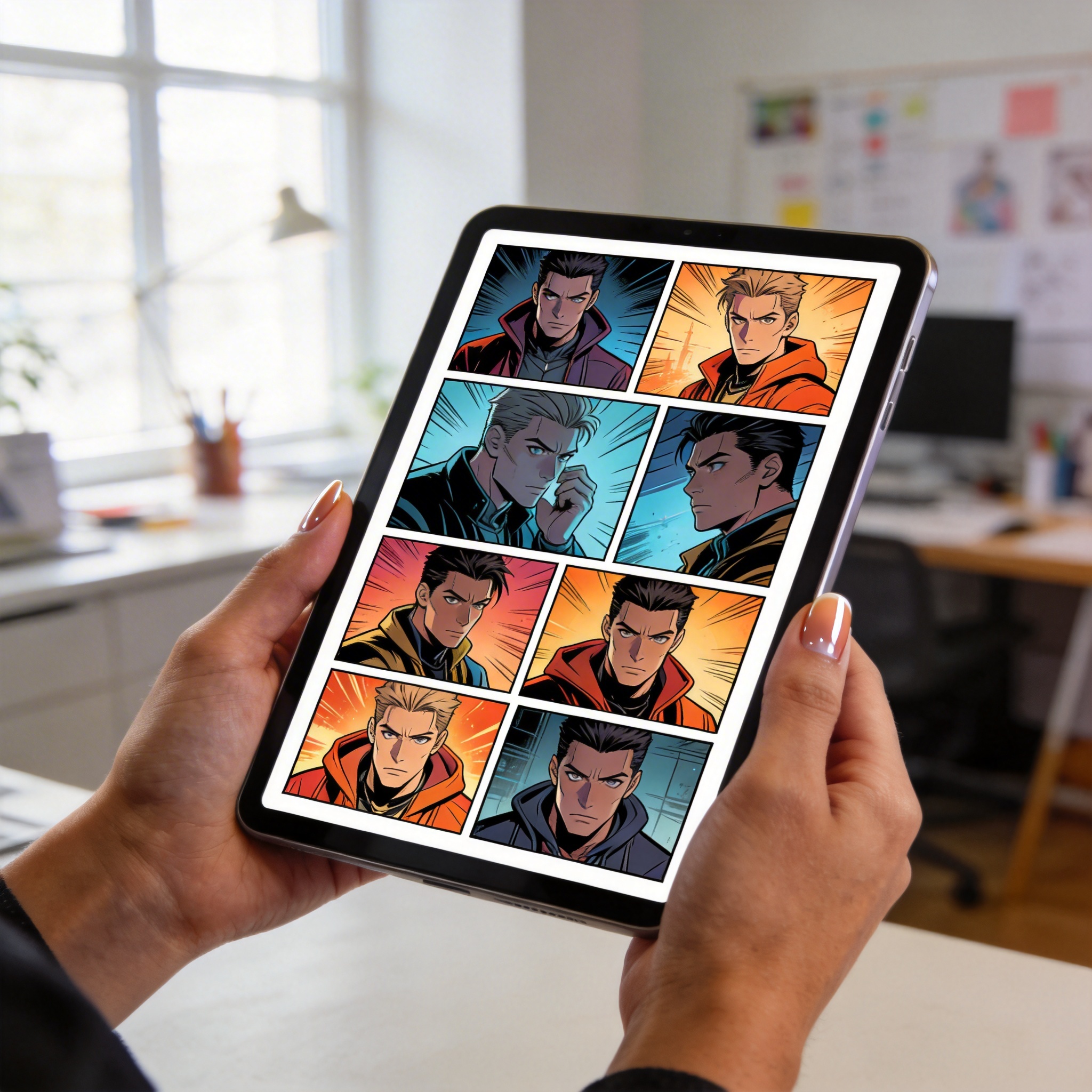Hands holding a tablet displaying a consistent AI-generated comic drama scene, illustrating Vidu Q3's capability.