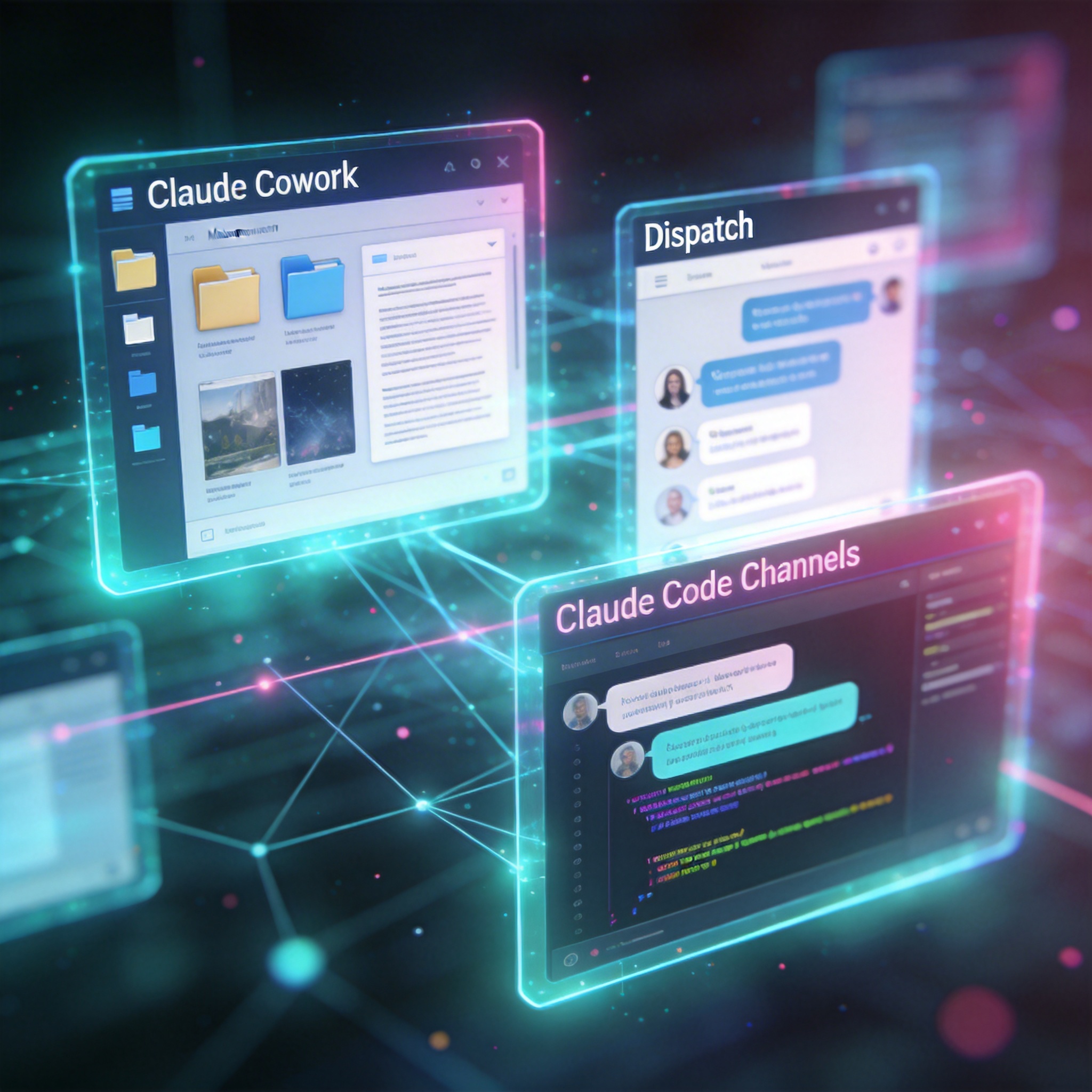 Holographic windows representing Claude Cowork, Dispatch, and Code Channels, interconnected on a digital desktop.