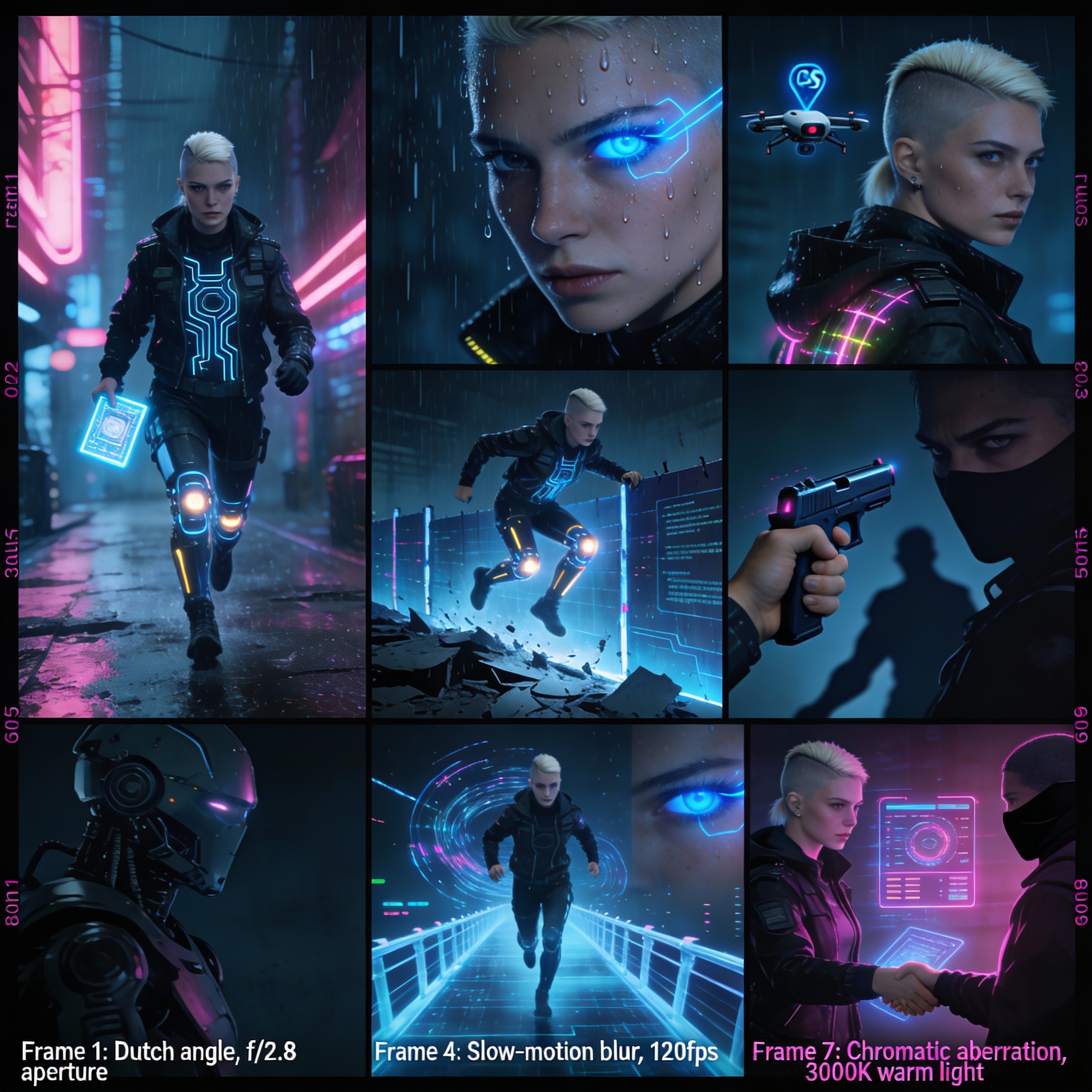 A 3x3 grid storyboard showing a cyberpunk character with consistent lighting across different camera angles.