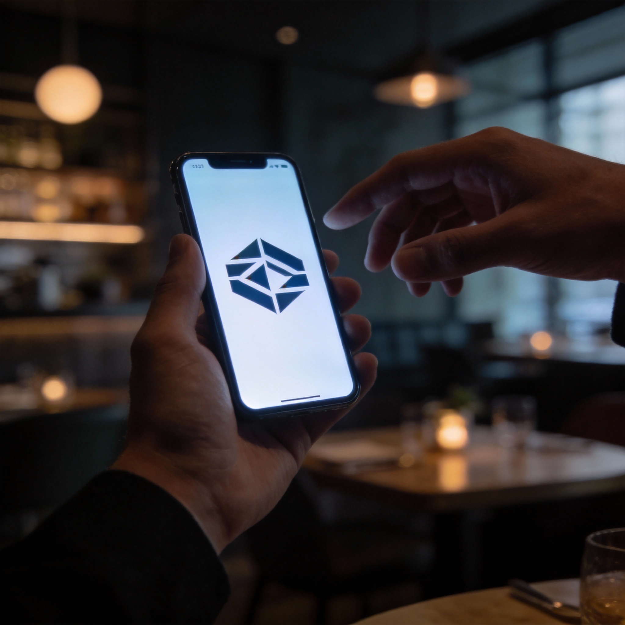 Hands subtly interacting over a smartphone in a restaurant, symbolizing a discreet corporate negotiation.