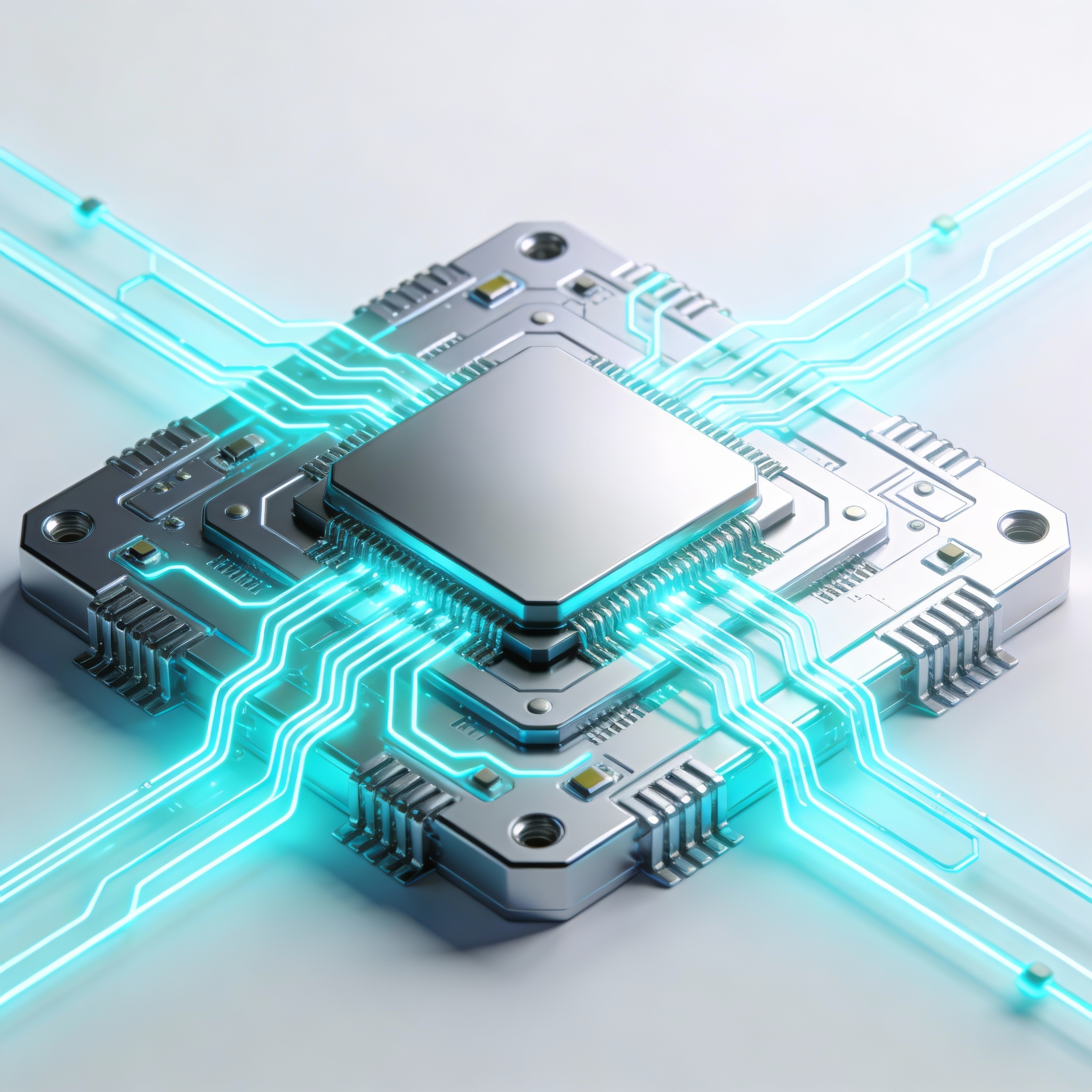 Futuristic microchip with glowing cyan circuits indicating efficient energy flow.