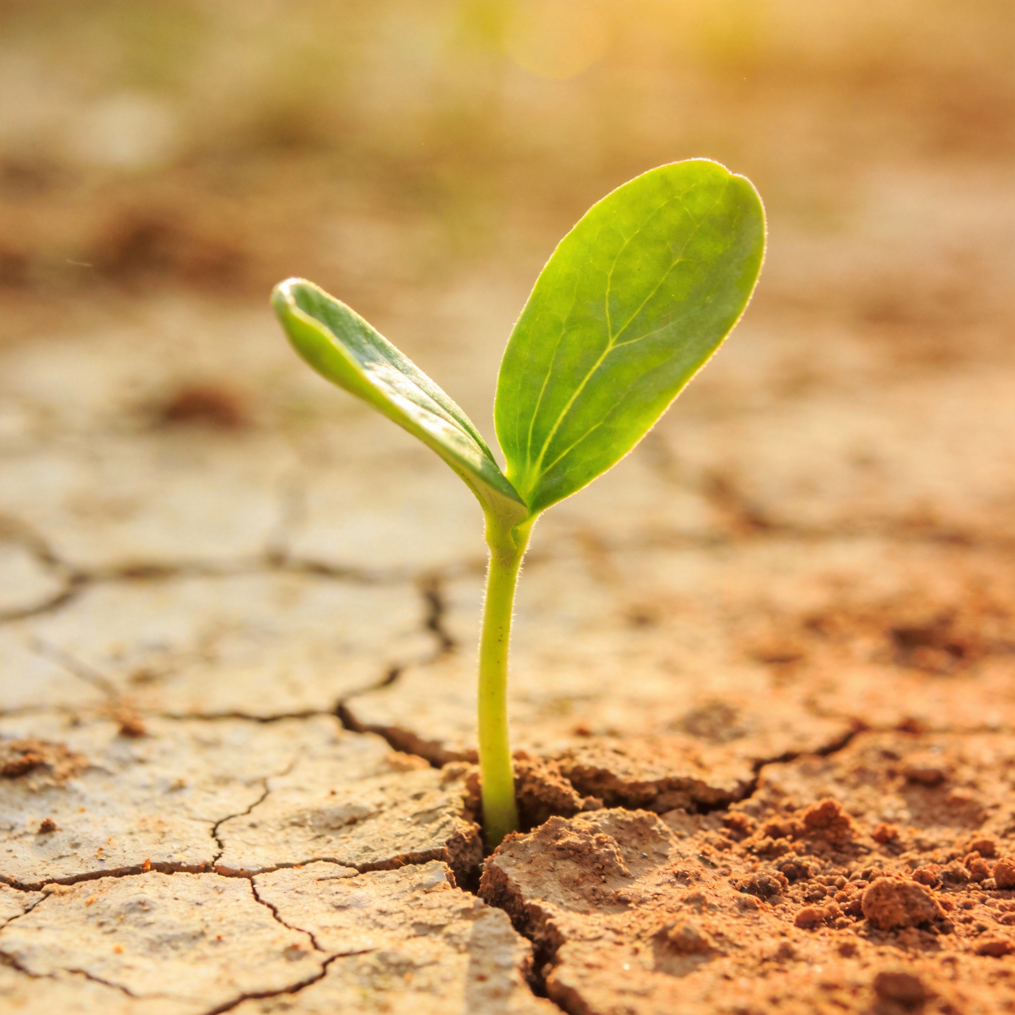 A green sprout emerging from cracked, dry earth, symbolizing recovery and new growth.