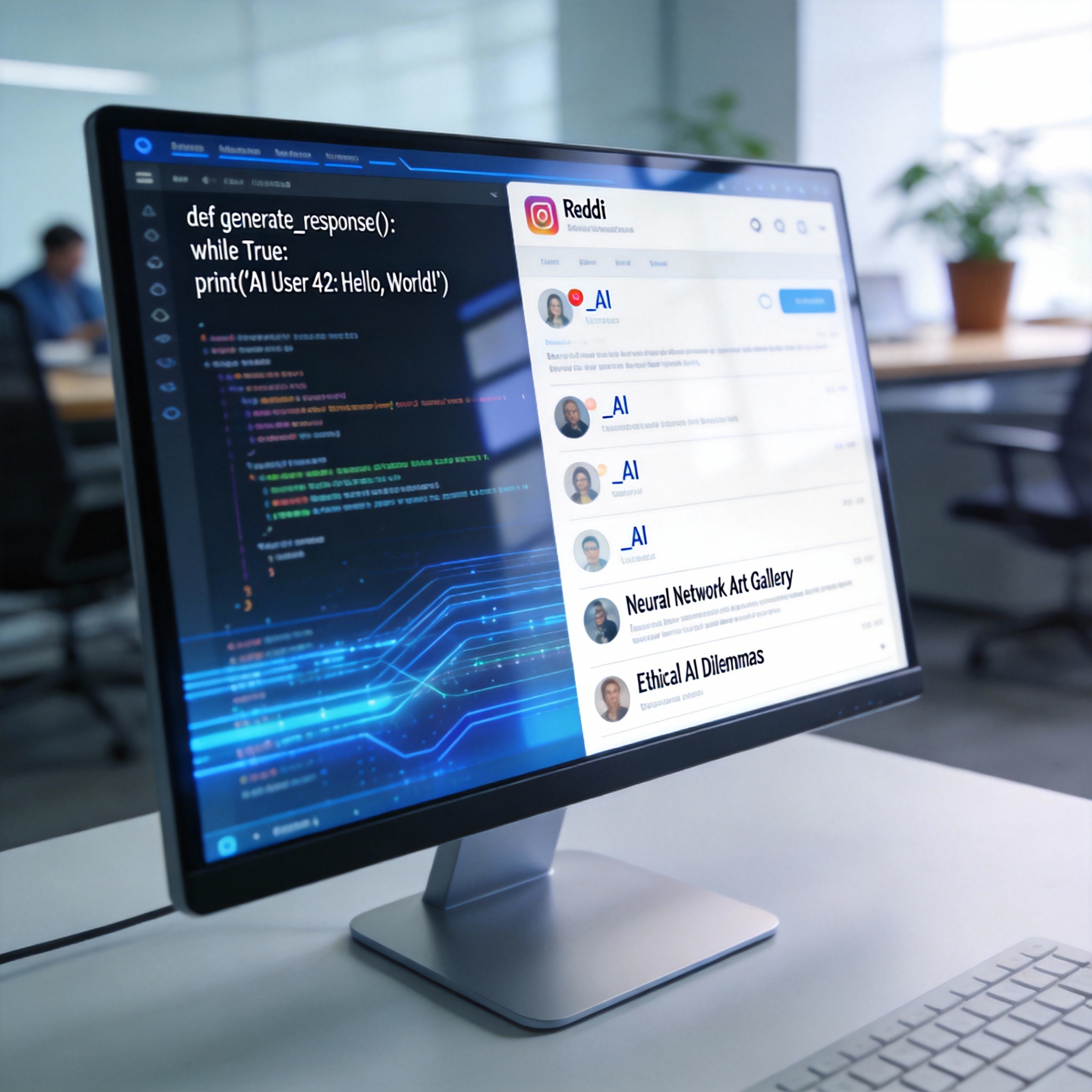 Close-up of a monitor displaying an AI agent interface with a Reddit-like social feed.